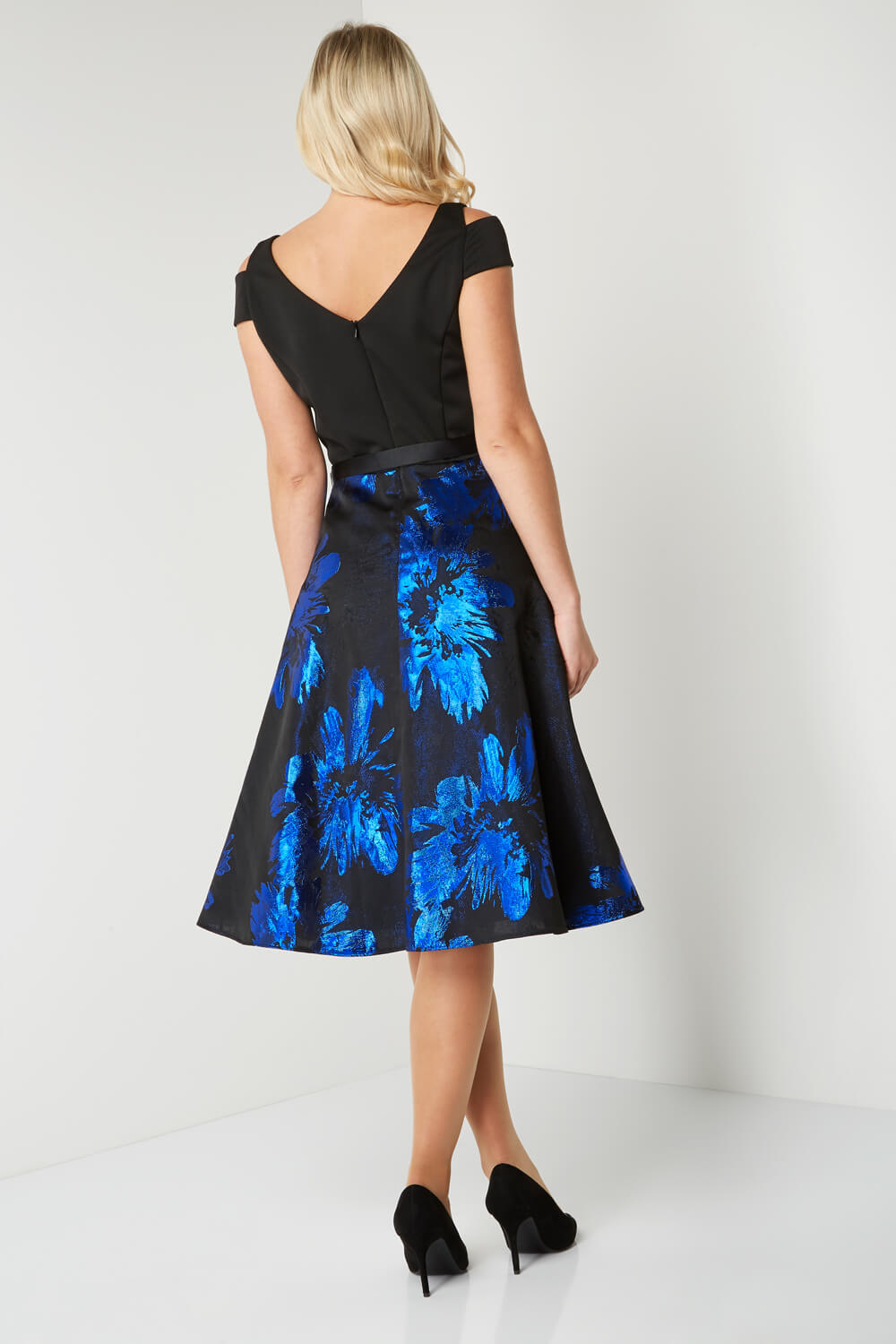 Royal Blue Jacquard Flared Cold Shoulder Dress, Image 3 of 5