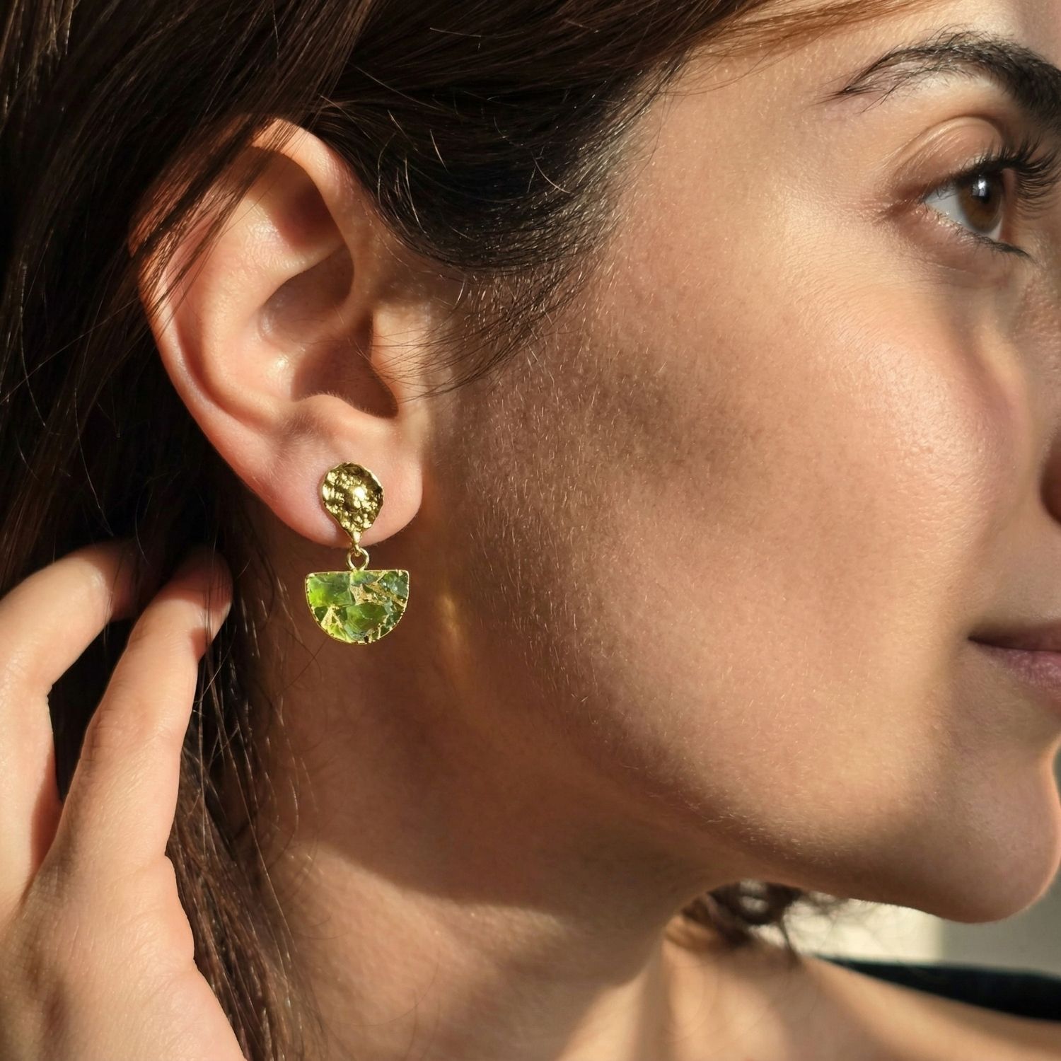 Gold Hammered Peridot August Birthstone Earrings, Image 3 of 4