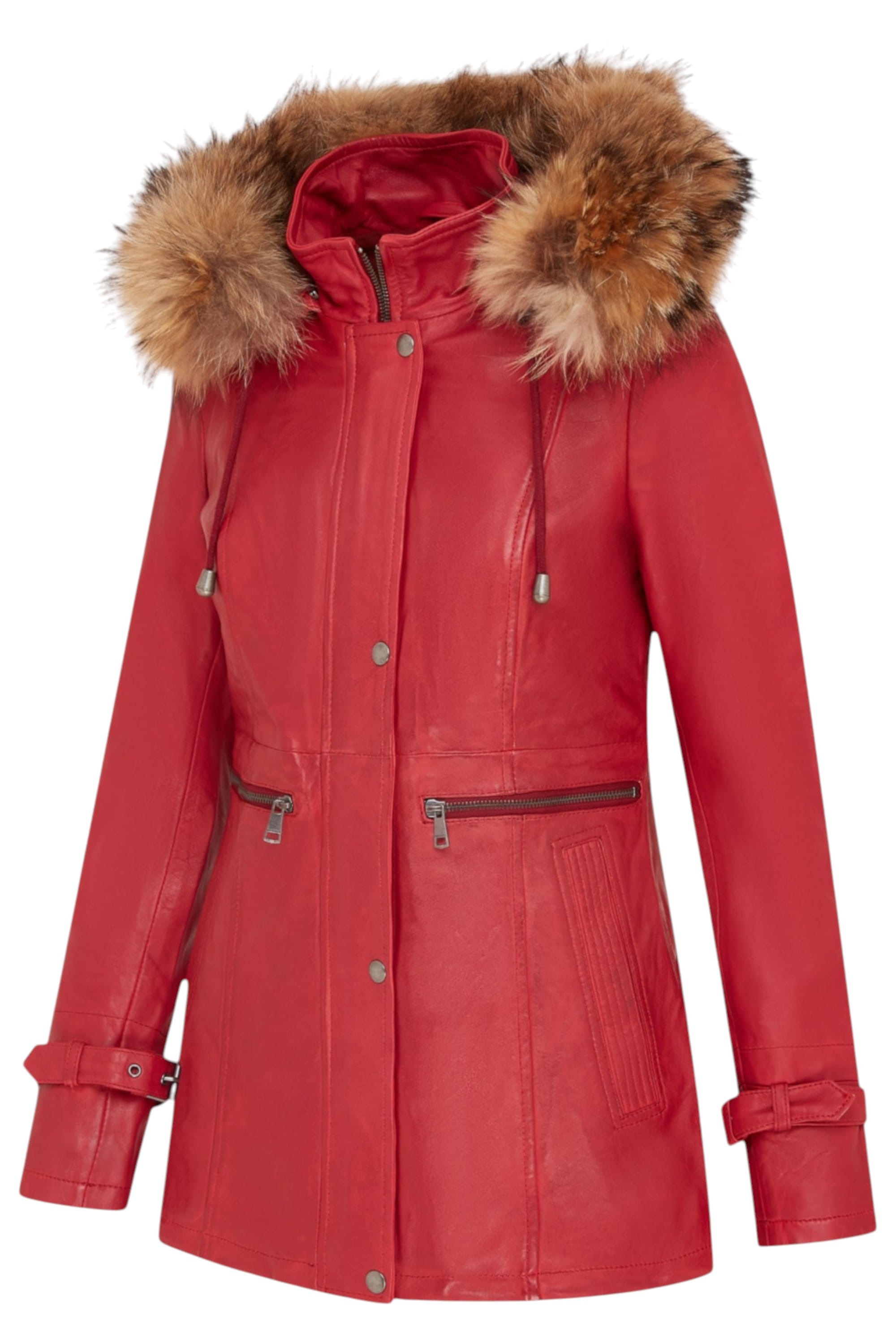 Red Leather Hooded Parka Jacket-Putian, Image 2 of 4