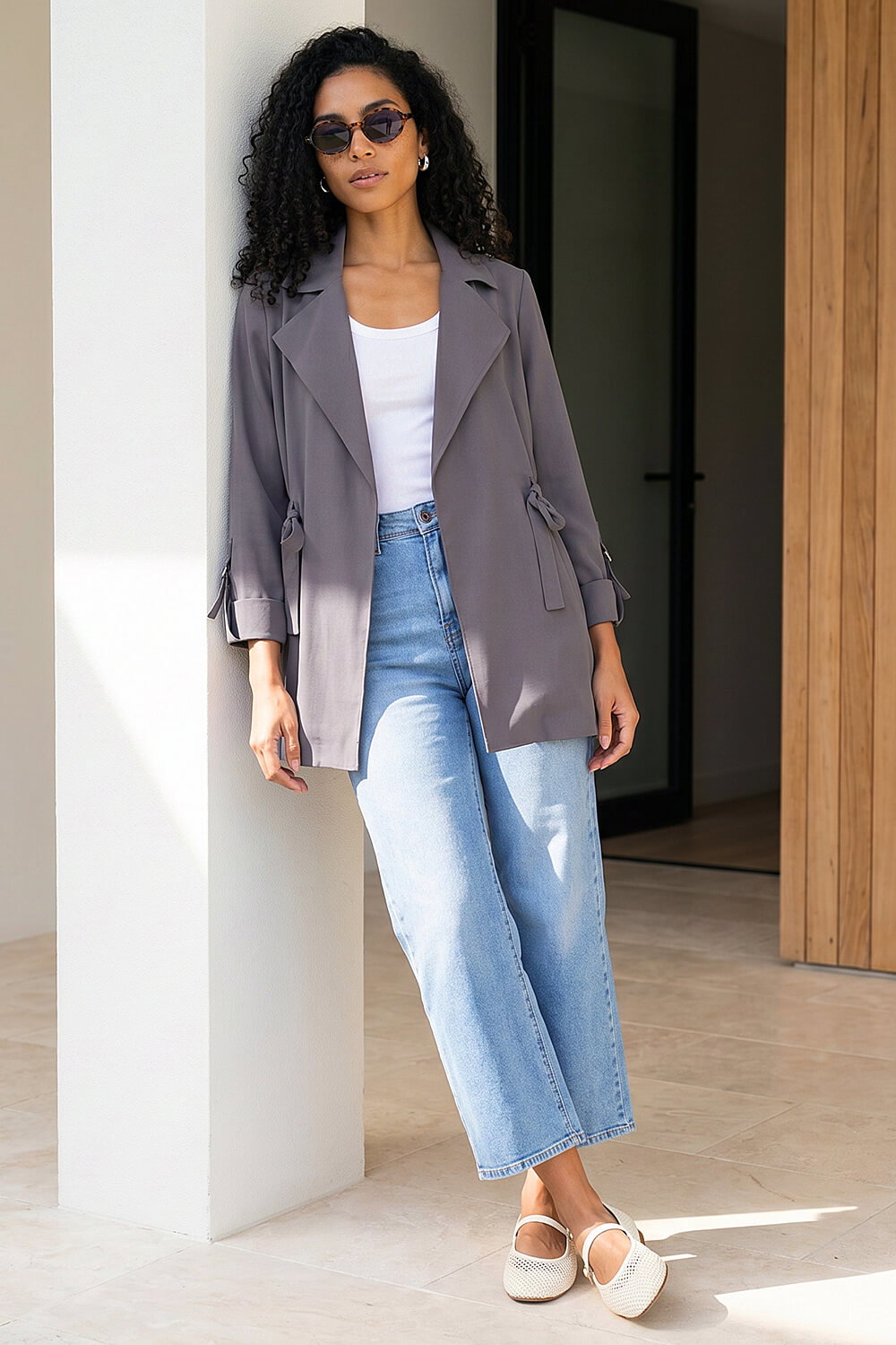 Grey Tie Waist Longline Jacket, Image 4 of 4