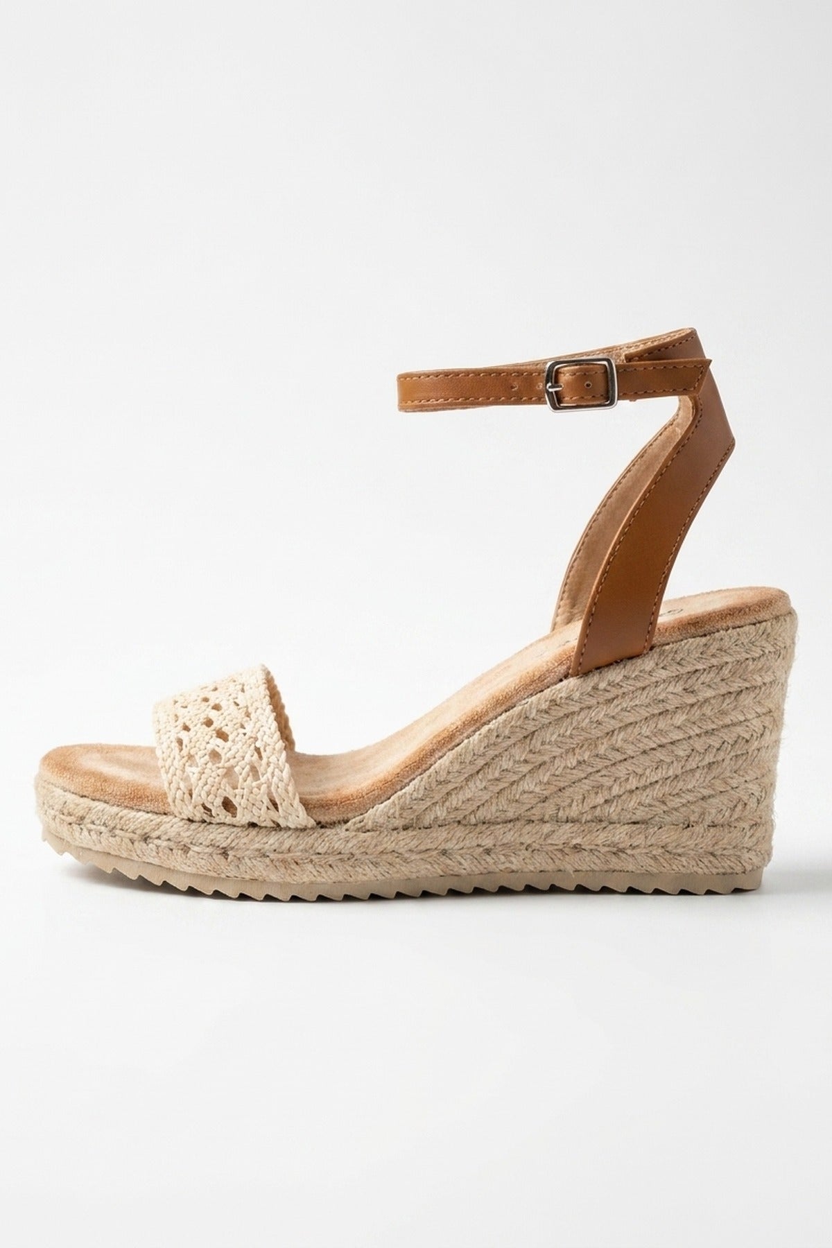 Beige Pearl Crochet Strap Espadrille Wedge Sandals, Image 1 of 5