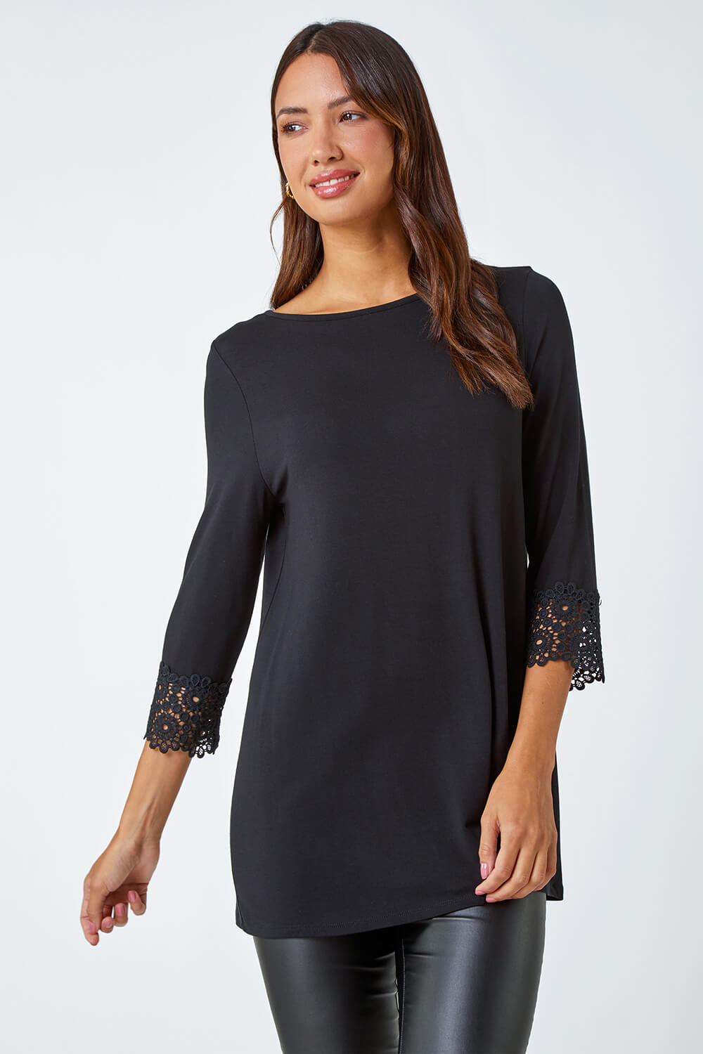 Black Plain Lace Trim Stretch Top, Image 1 of 5