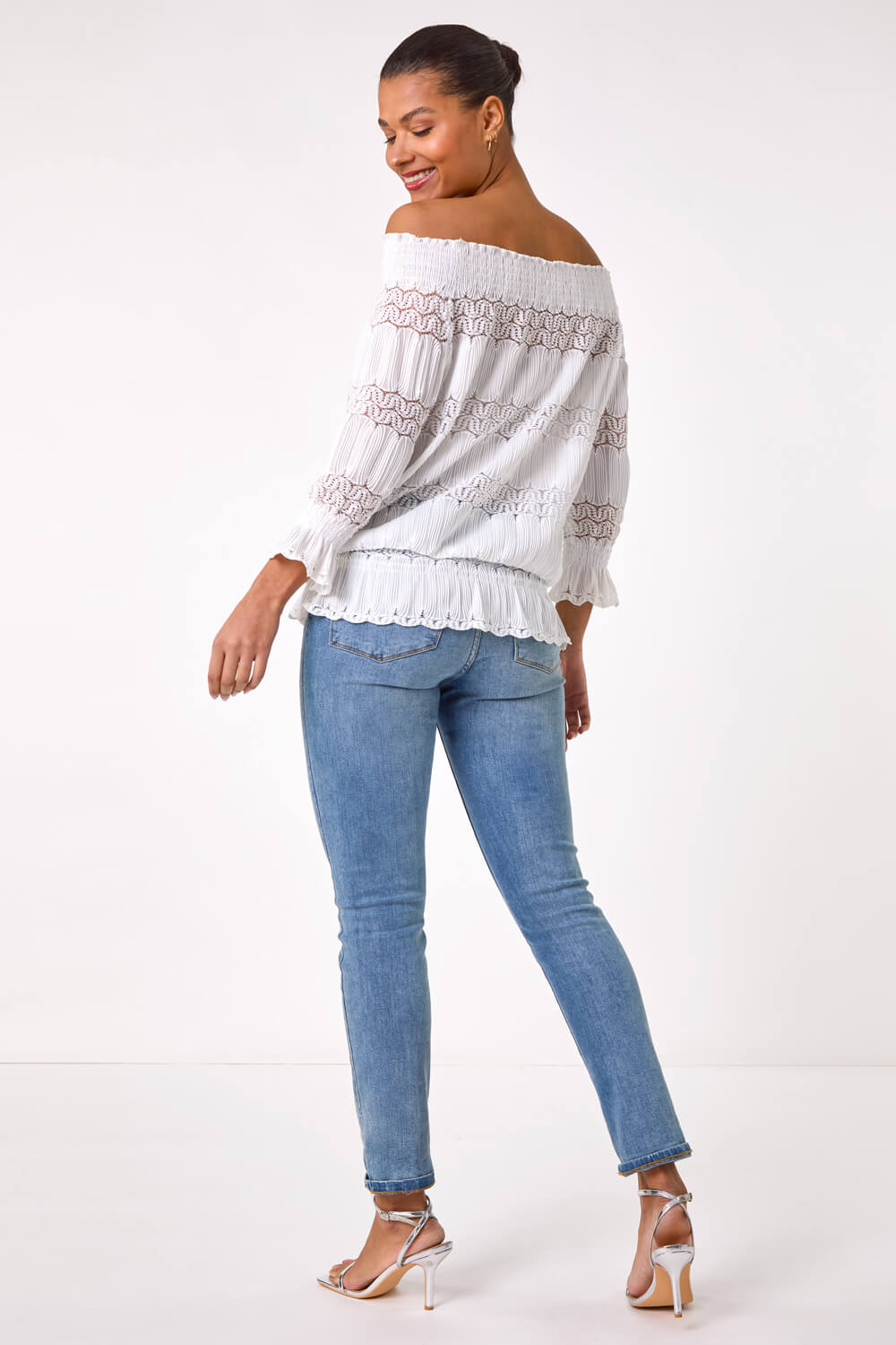 Cream Lace Insert Frill Bardot Top, Image 4 of 5