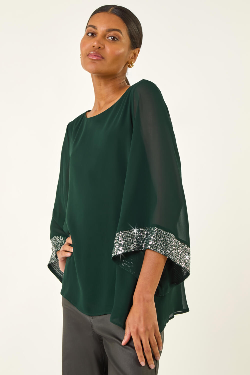 Teal Asymmetric Sequin Cuff Top, Image 5 of 5