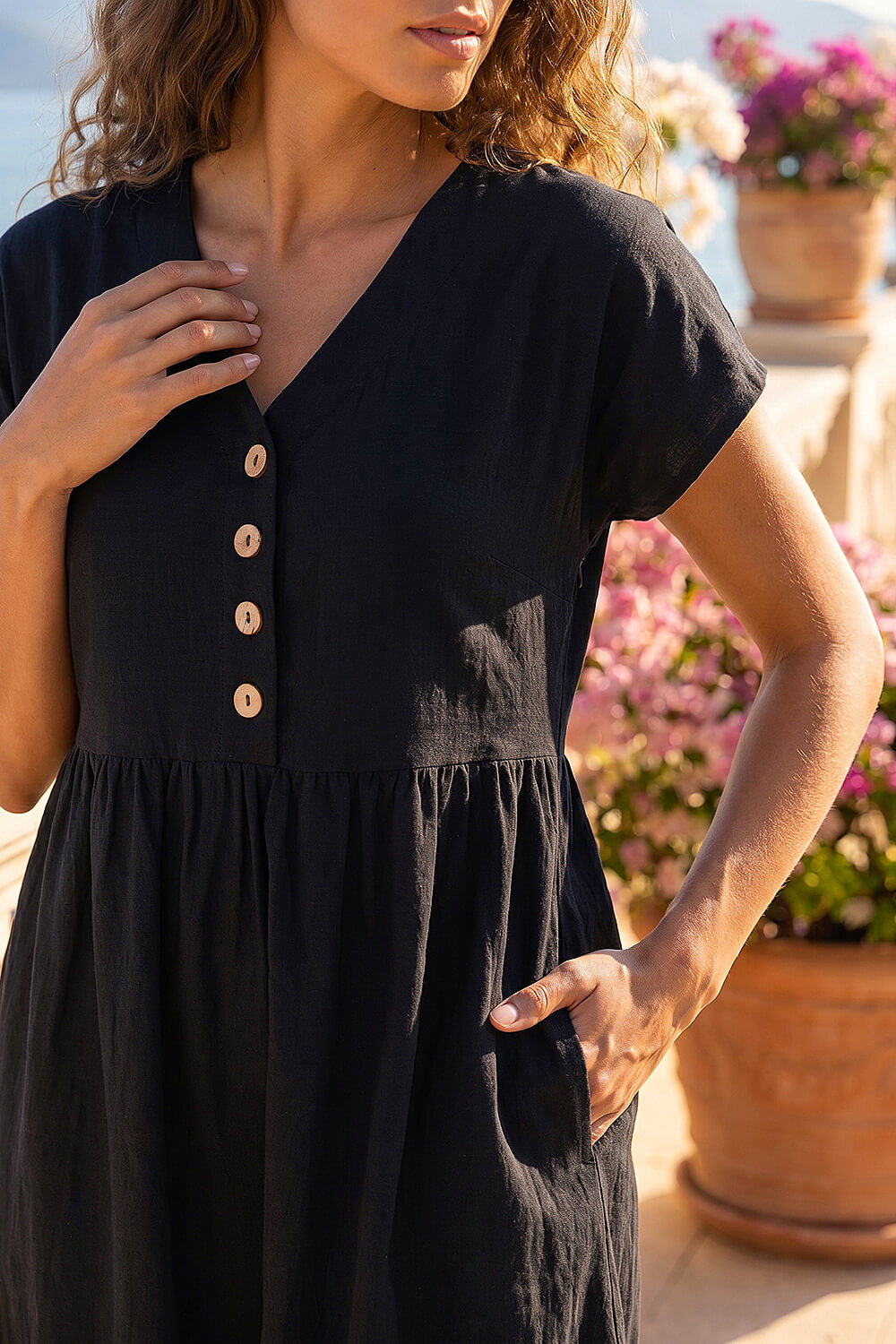 Black Linen Look Button Midi Dress, Image 5 of 4
