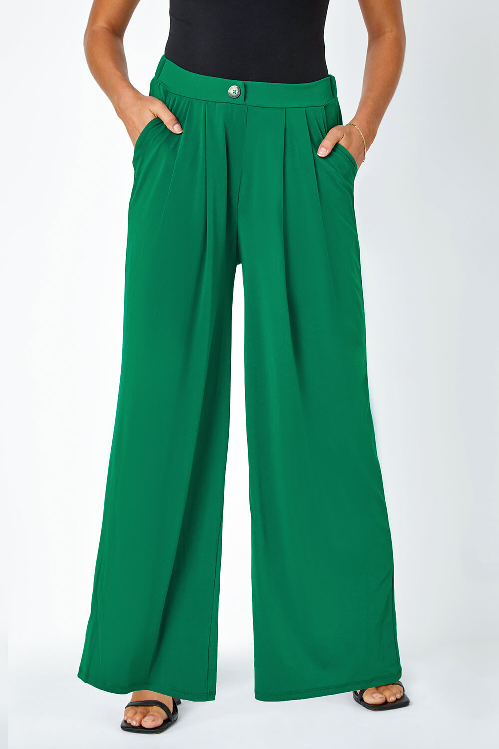 Dark Green Button Detail Wide Leg Stretch Trouser, Image 5 of 5