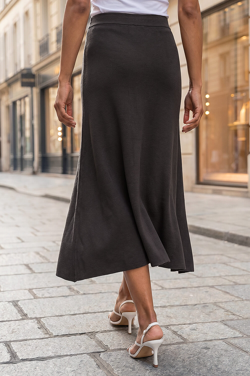 Black Plain Elastic Waist Knitted A Line Midi Skirt, Image 4 of 4