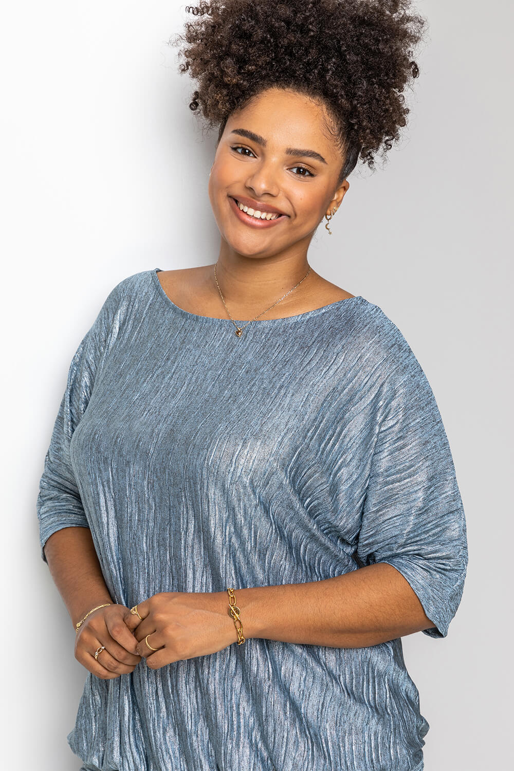 Silver Curve Shimmer Pleated Blouson Top, Image 3 of 5