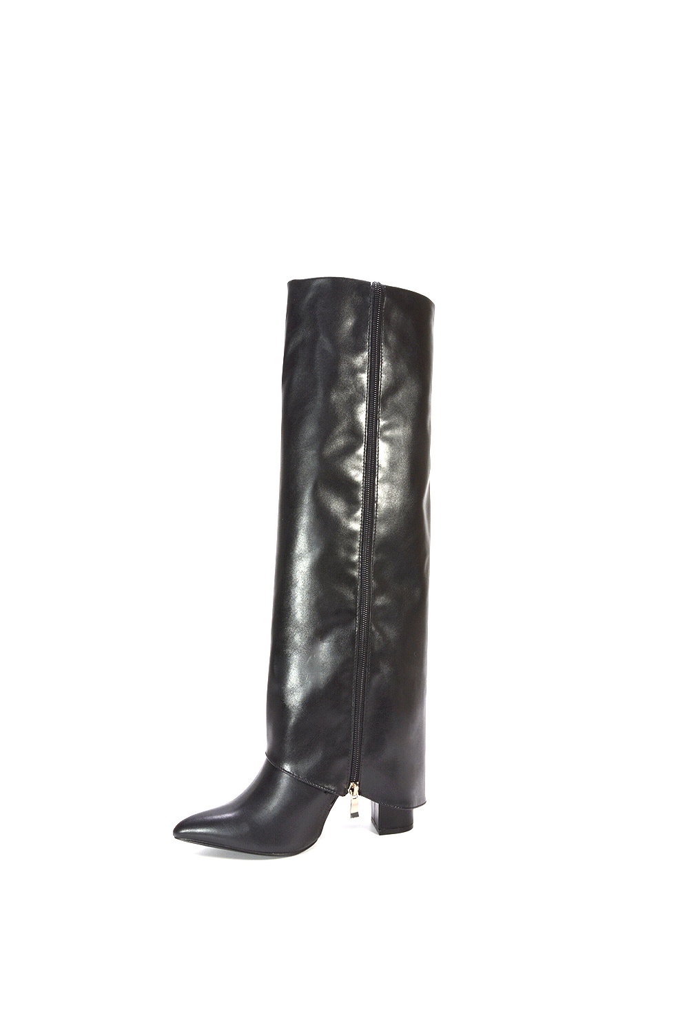 Black 'Allie' Knee High Boots Fold Over Point Toe Deco Zip, Image 5 of 6