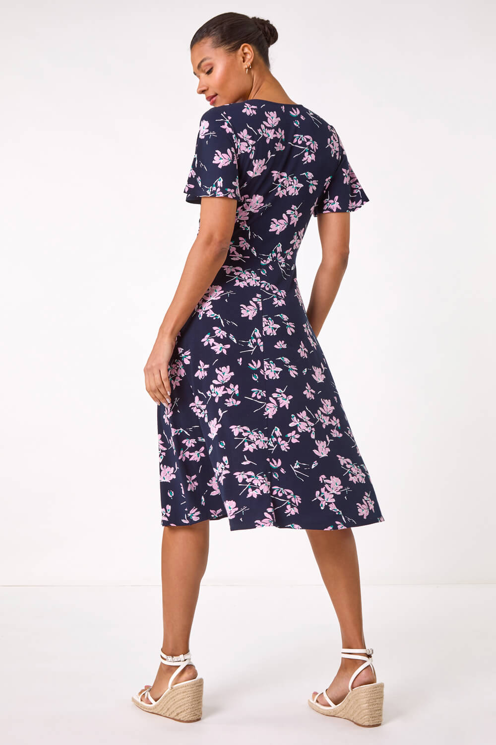 Navy Floral Print Wrap Over Midi Dress, Image 4 of 5