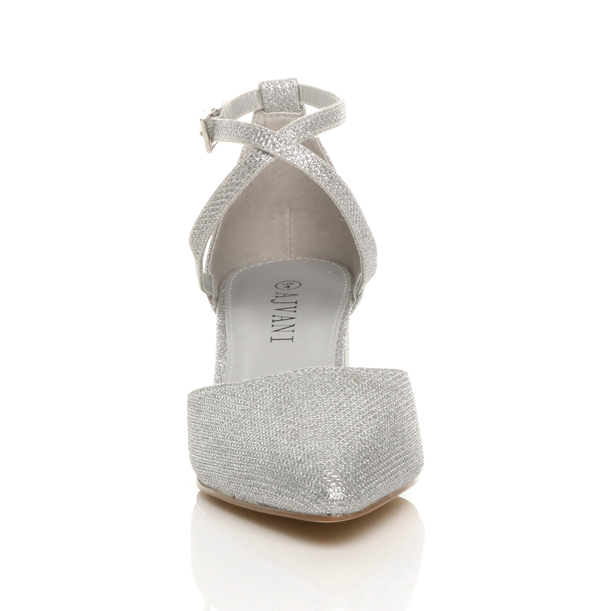Silver Mid Block Heel Crossed Straps Pointed Toe 2 Part Heels, Image 6 of 6