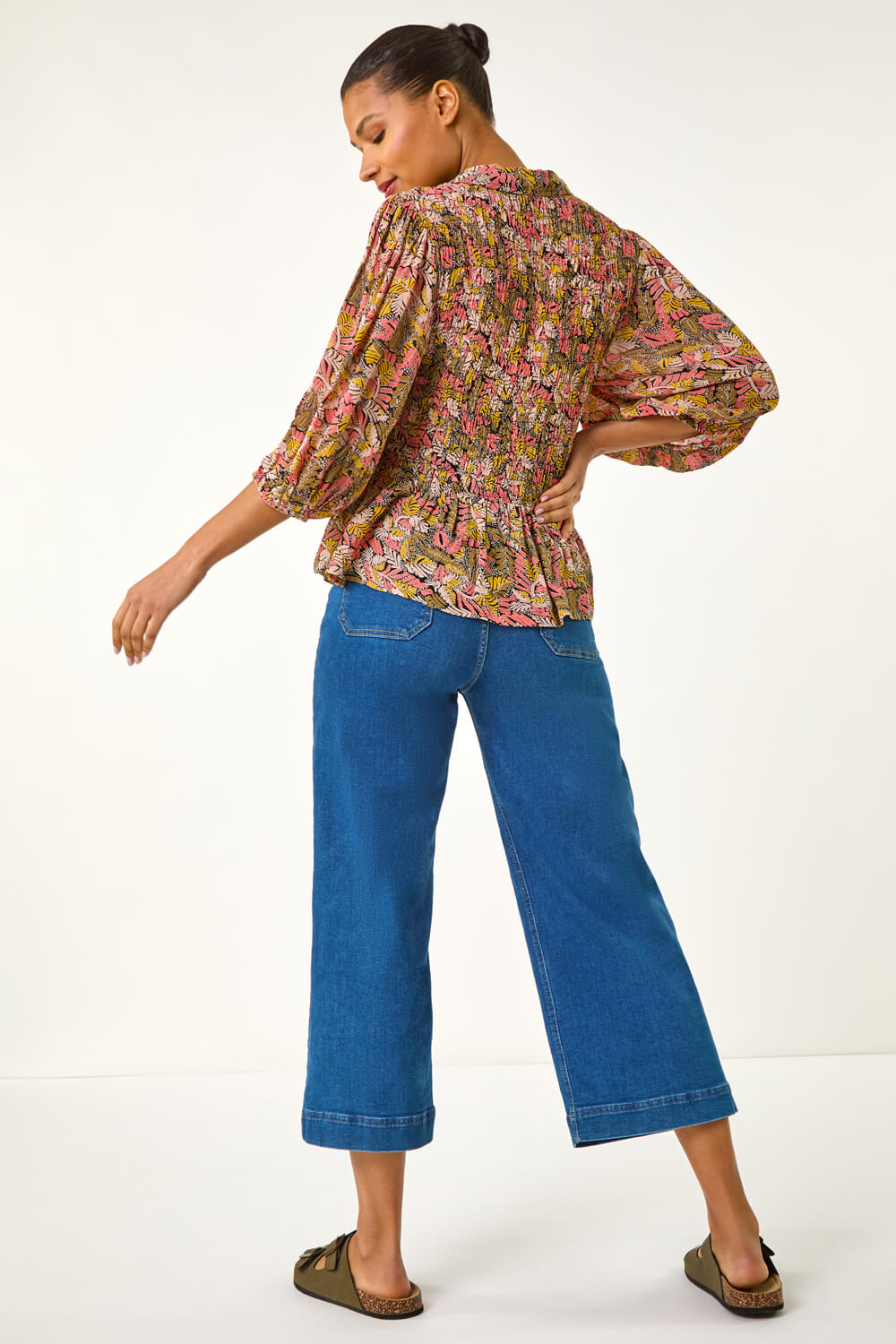 Brown Shirred Printed Front Button Up Blouse, Image 4 of 5