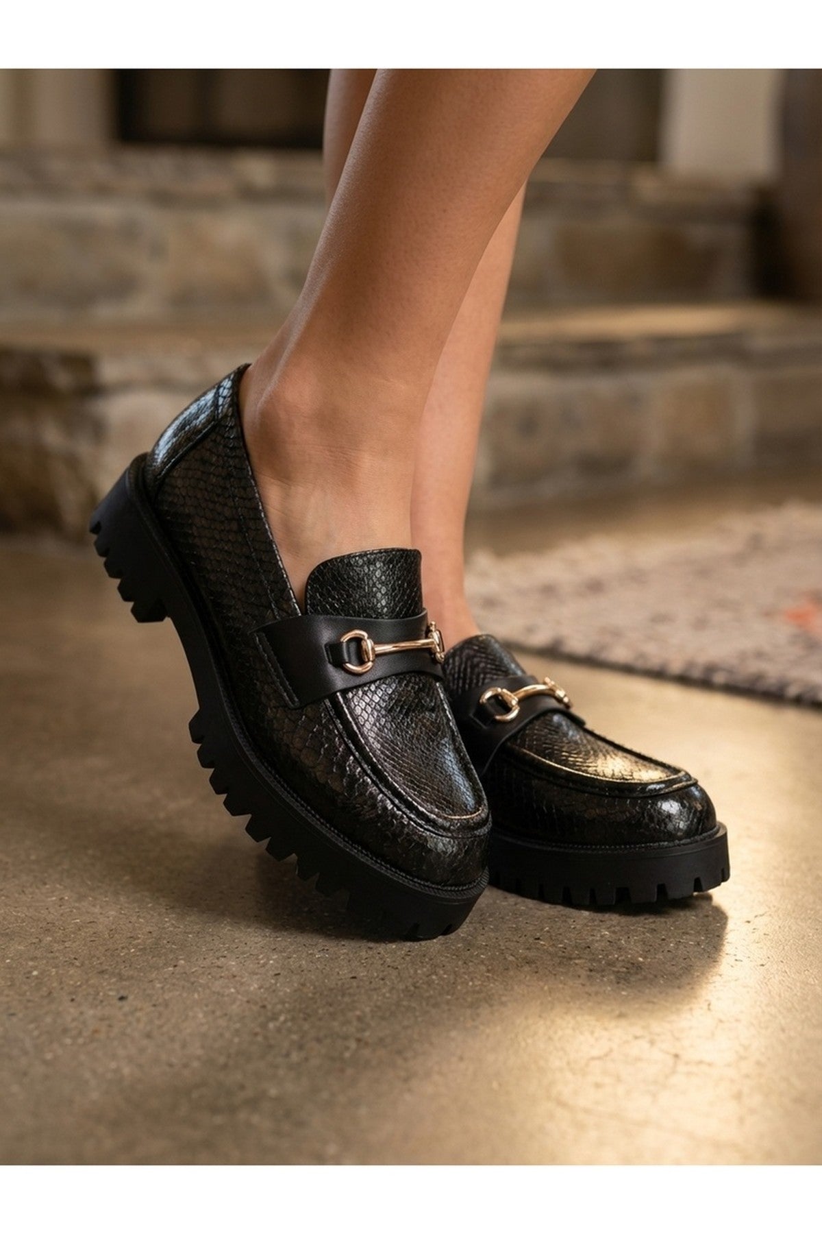 Black iKrush Black Poppy Snakeskin Chunky Loafers, Image 1 of 5