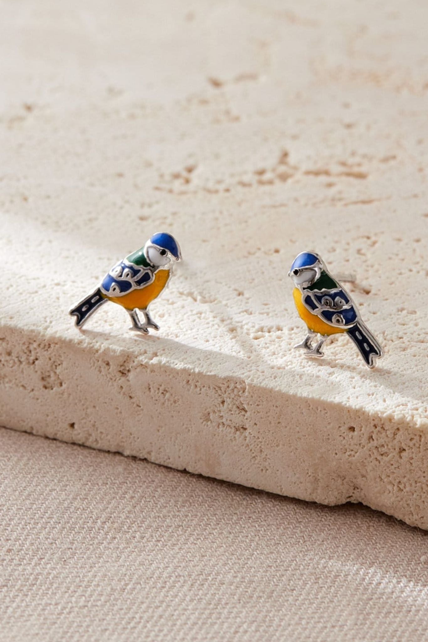 Gold Sterling Silver Blue Tit Bird Stud Earrings, Image 3 of 3