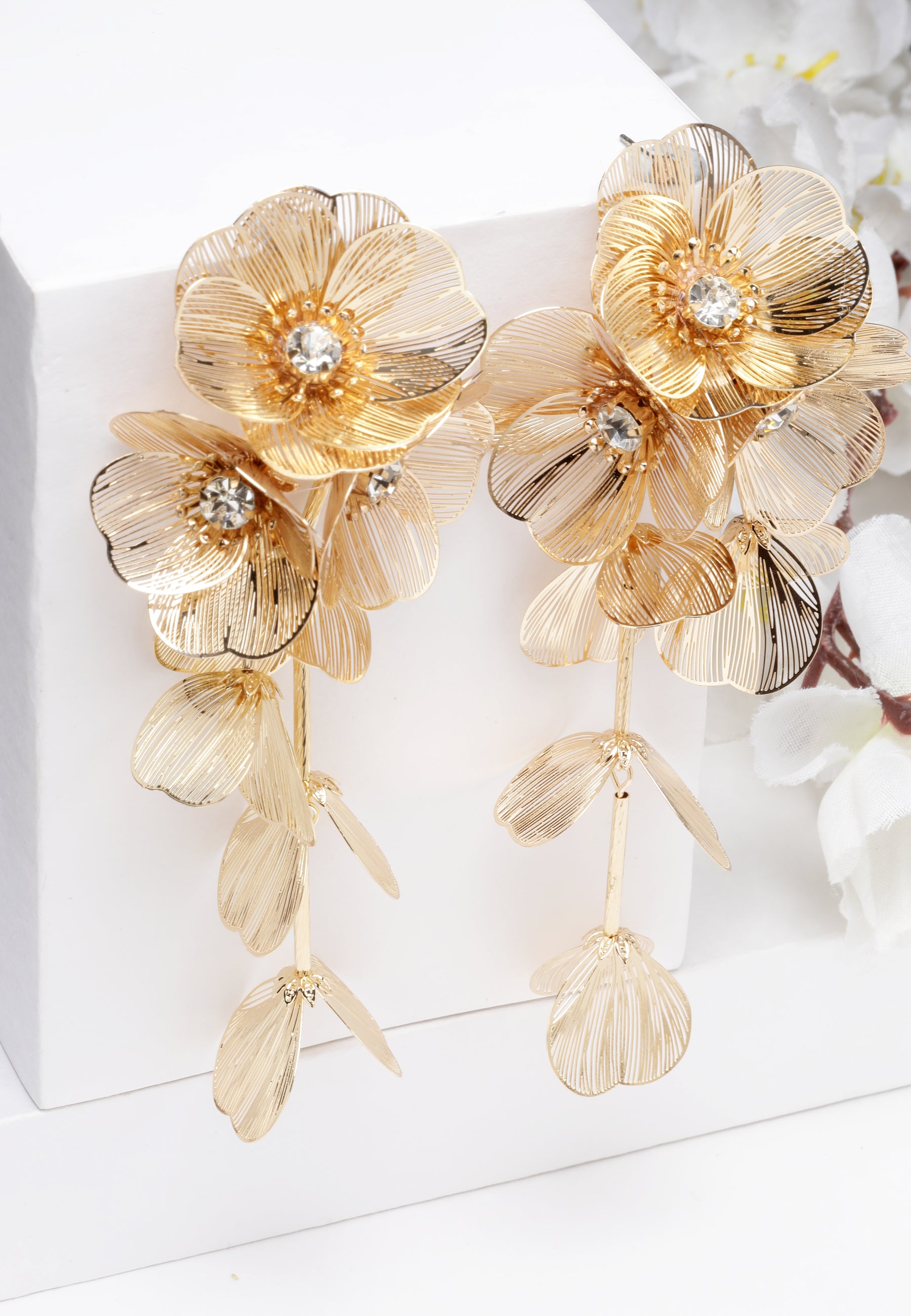 Gold Crystal Bloom Tassel Gold Plated Earrings, Image 2 of 5