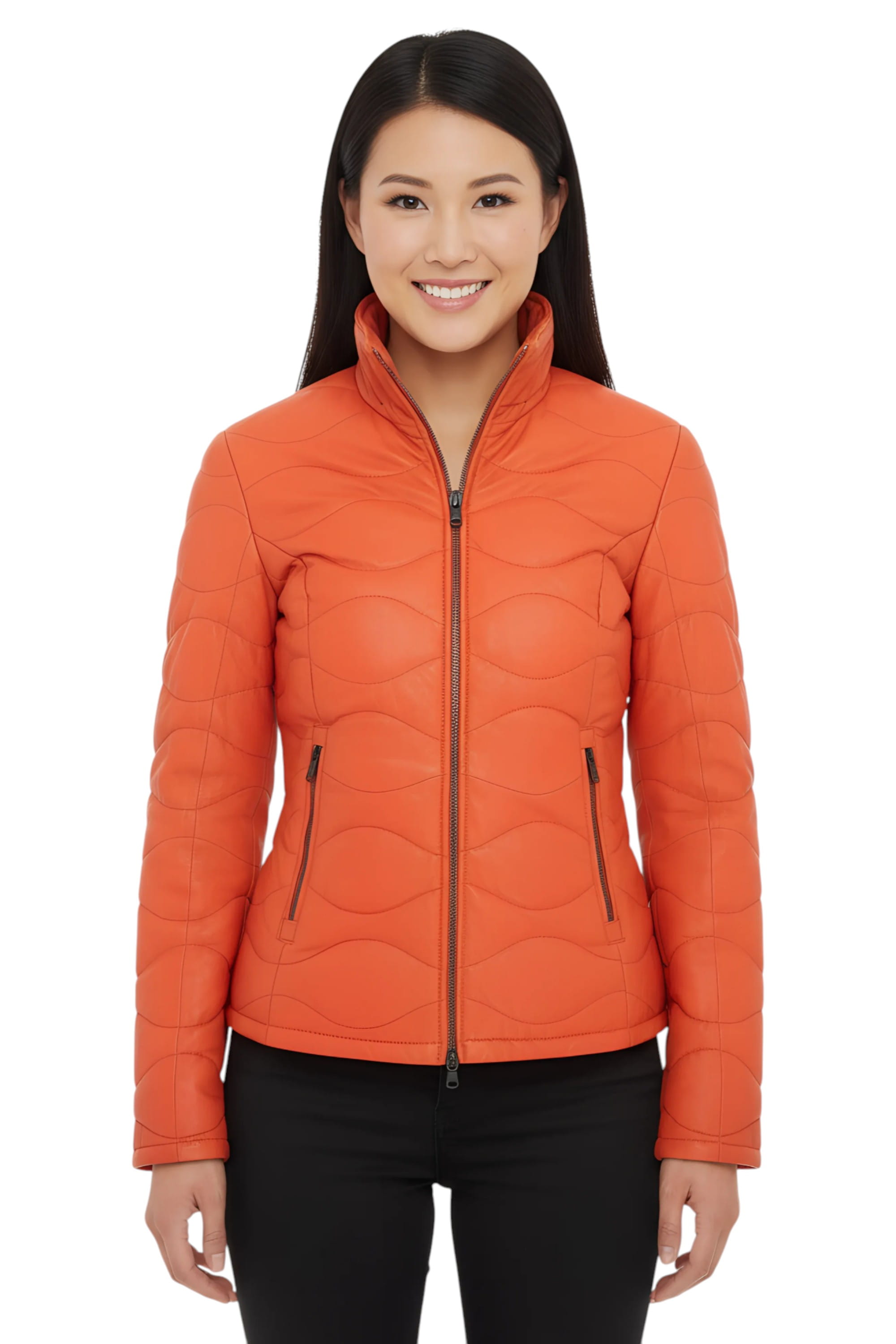 Orange Infinity Leather Orange Puffer Quilted Bomber Leather Jacket, Image 7 of 7