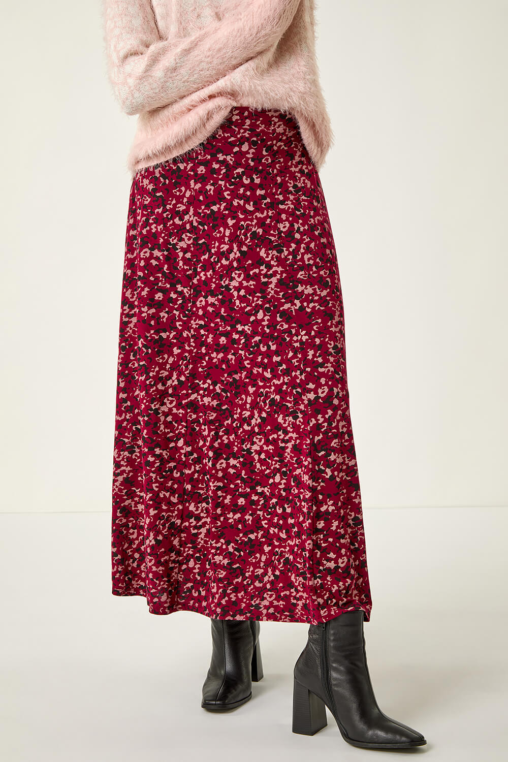 Wine Confetti Print Stretch Midi Skirt, Image 1 of 5