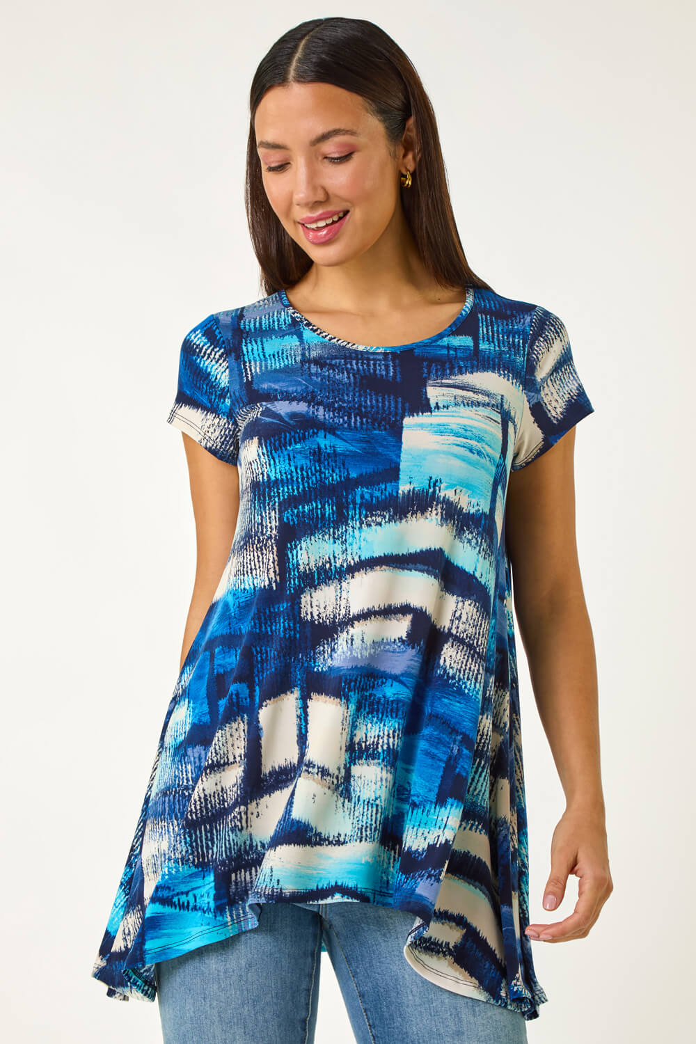 Blue Abstract Print Stretch Tunic Top, Image 5 of 5