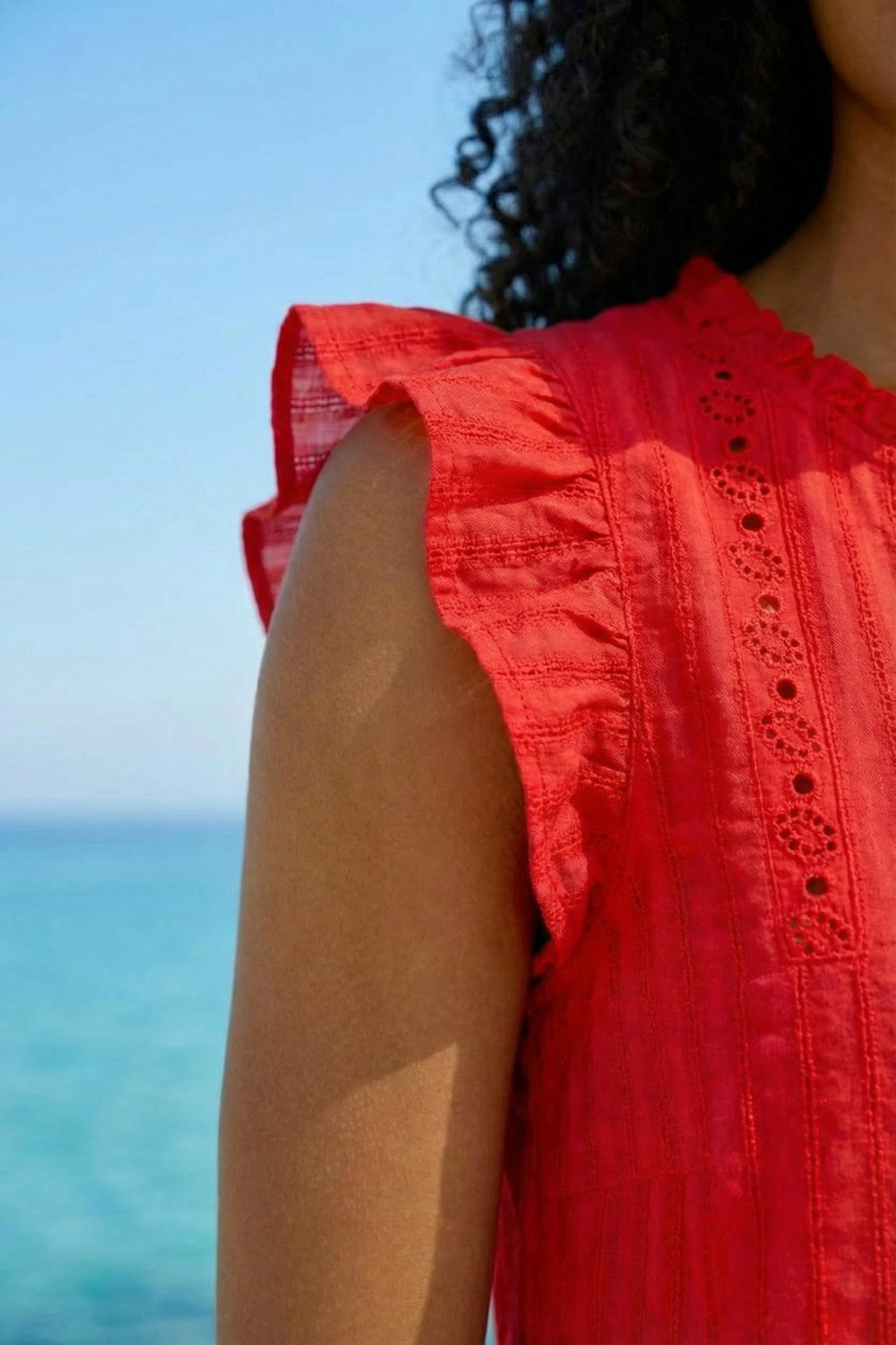 Red Broderie Anglaise Frill Sleeve Top, Image 5 of 4