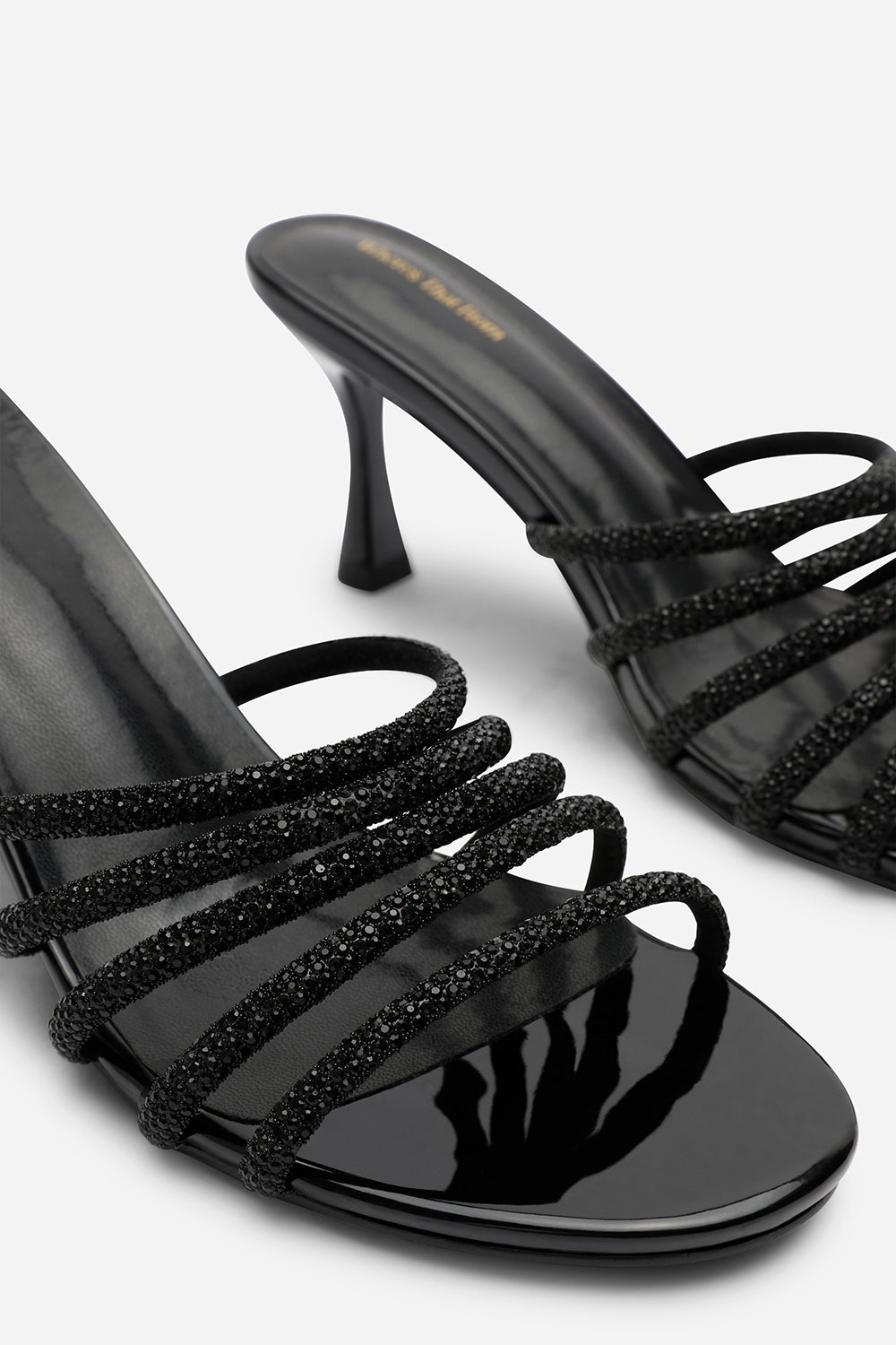 Black 'Ulani' Diamante Strappy Low Heeled Mules, Image 5 of 6