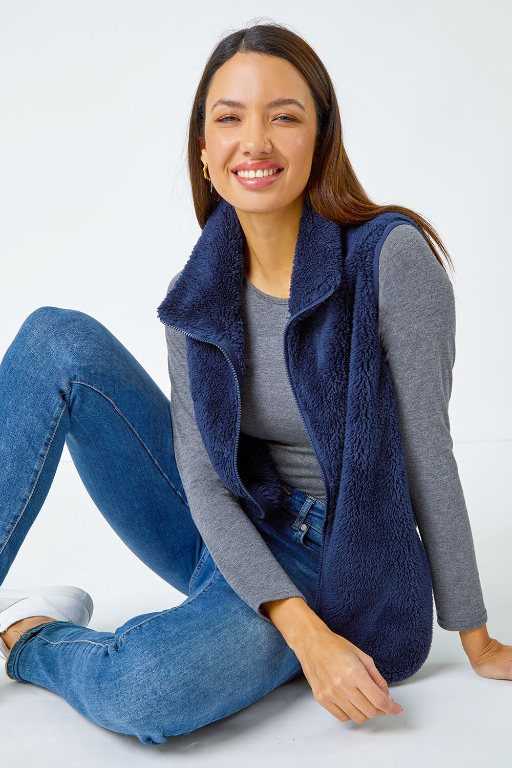 Midnight Blue Soft Sherpa Fleece Gilet, Image 1 of 5
