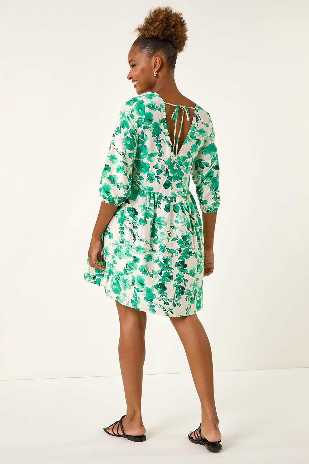 Green Floral Print Smock Dress, Image 4 of 5