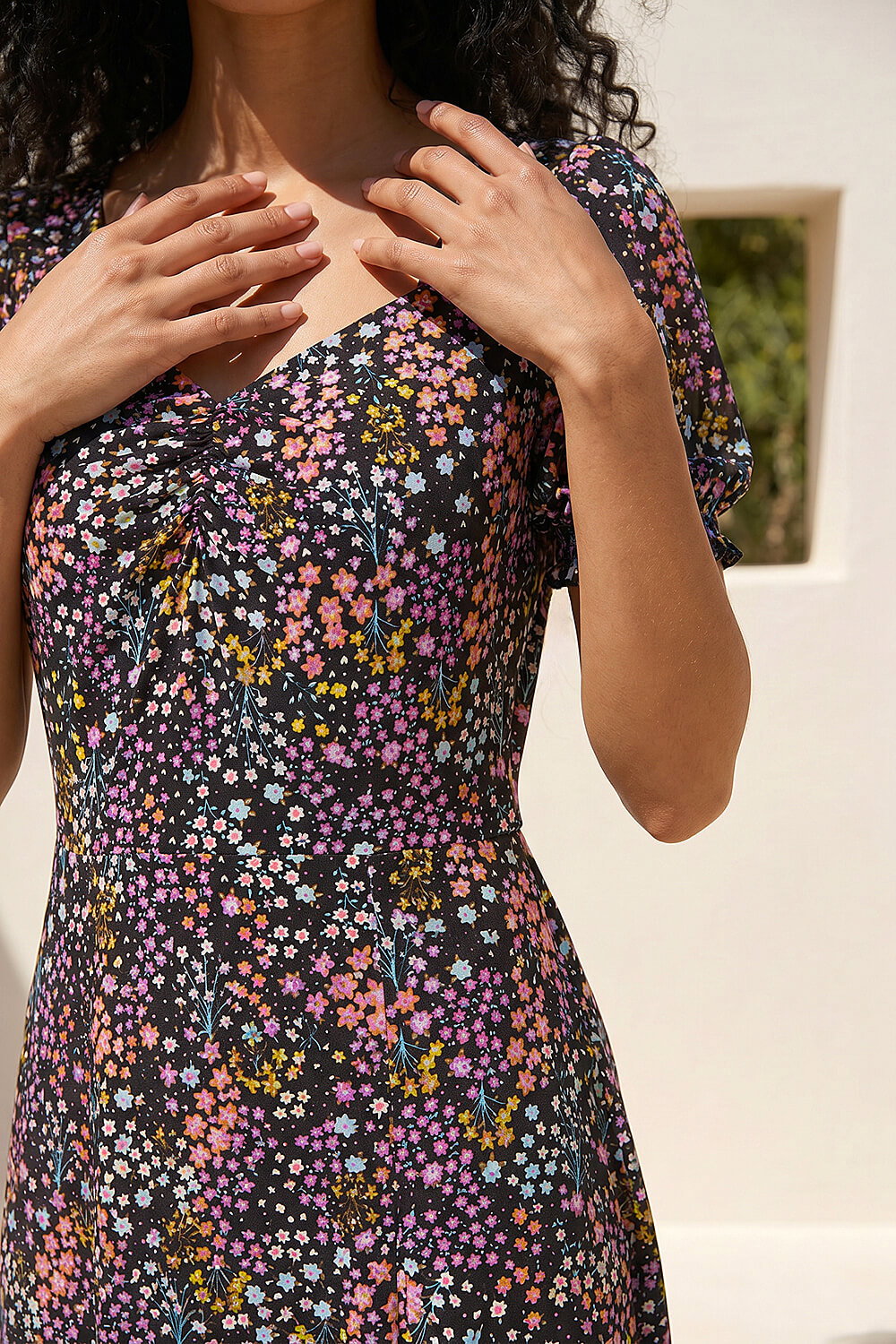Black Ditsy Floral Sweetheart Neck Midi Dress, Image 5 of 4