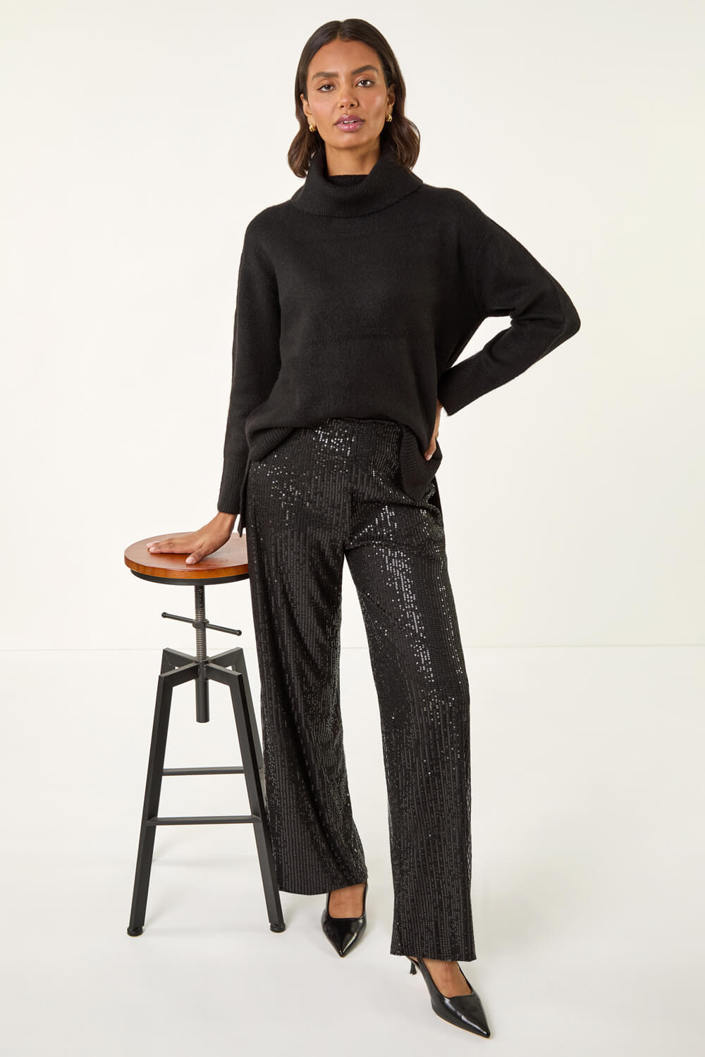 Black Sequin Wide Leg Trousers, Image 4 of 8