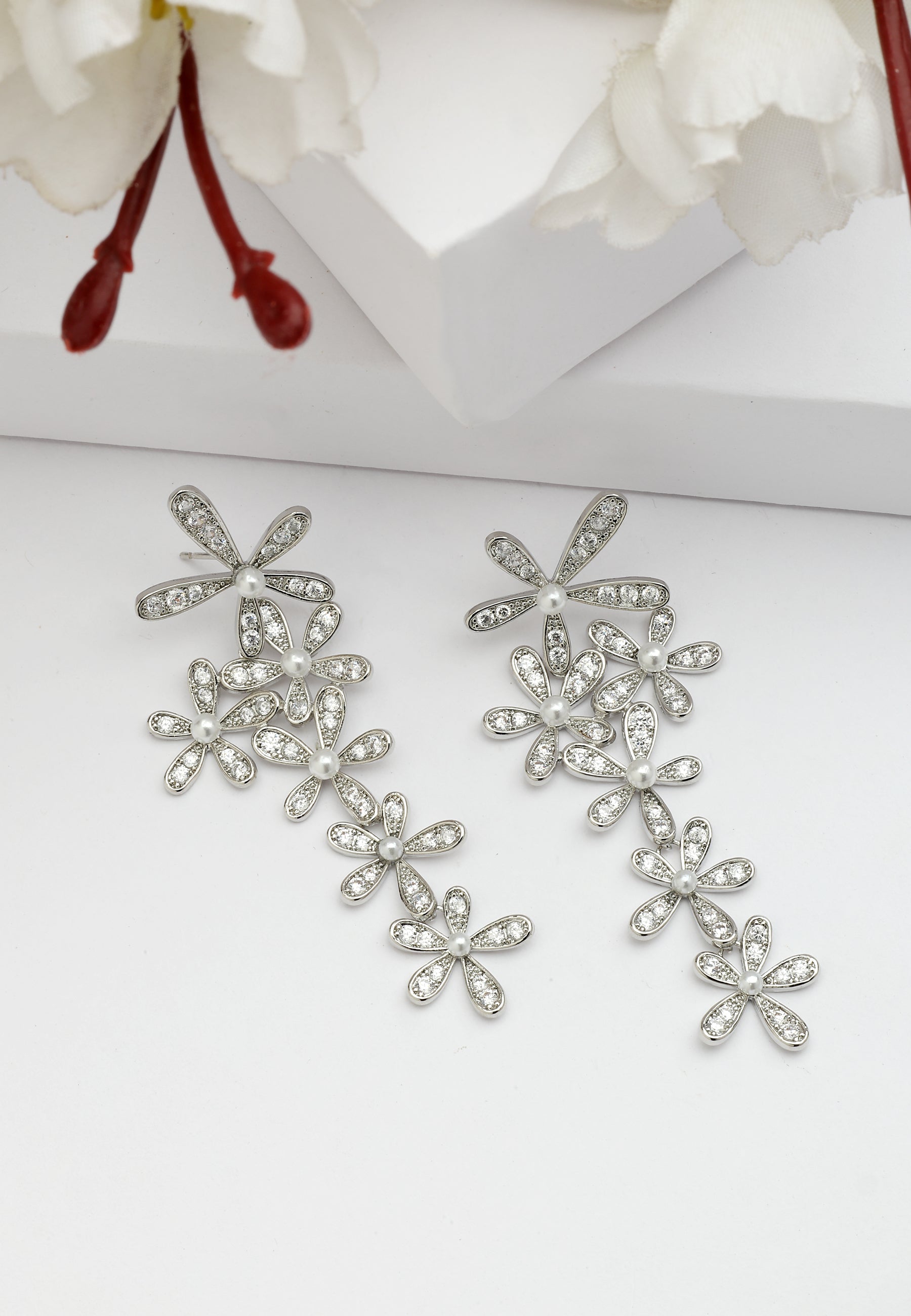 Silver Diva Gleaming Floral Dangle Earrings, Image 2 of 5
