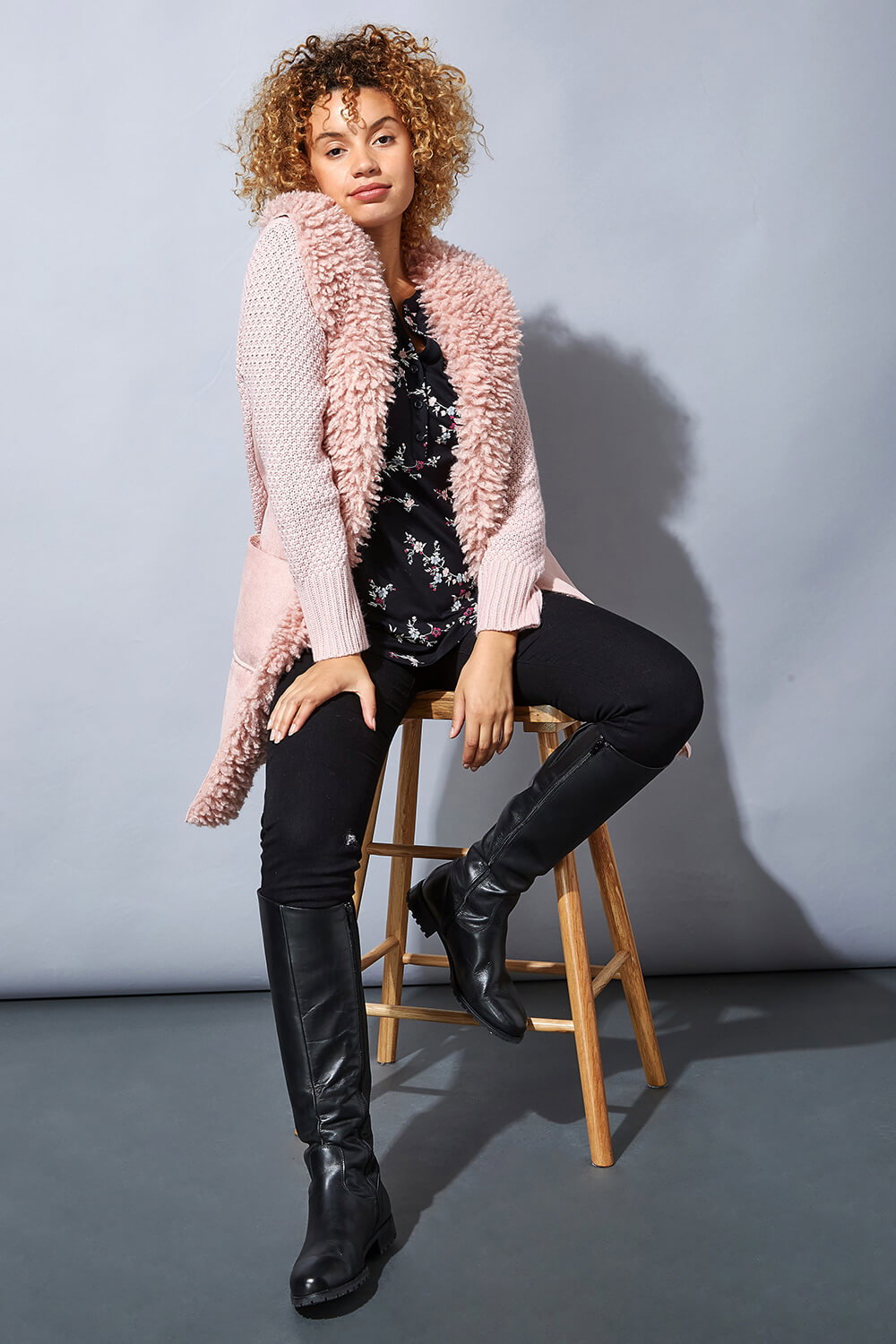 Pink Longline Faux Shearling Knit Coatigan, Image 3 of 4