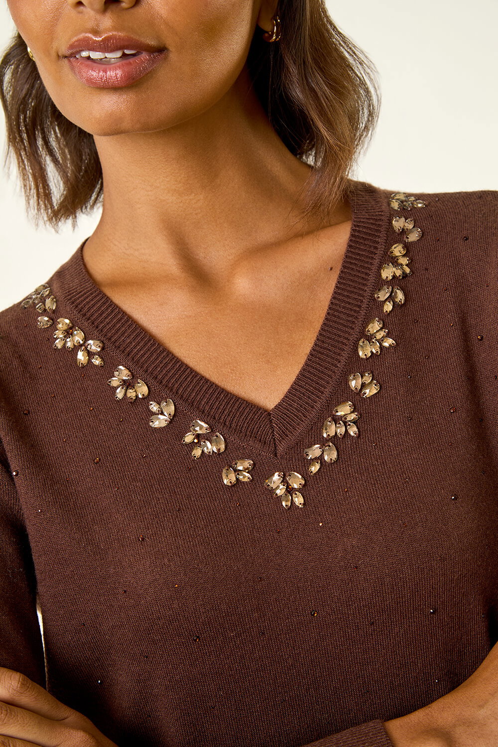 Chocolate V-Neck Sparkly Knit Jumper, Image 6 of 5