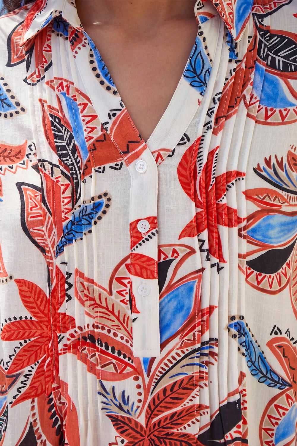 Orange Leaf Print Pintuck V-Neck Top, Image 5 of 4