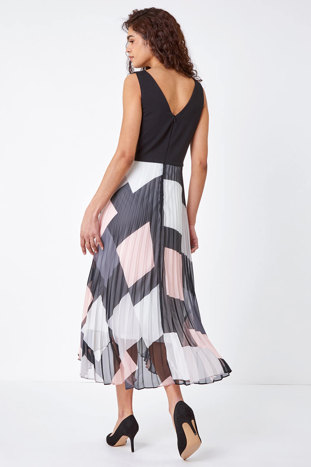 Black Fit and Flare Pleated Chiffon Midi Dress, Image 4 of 5