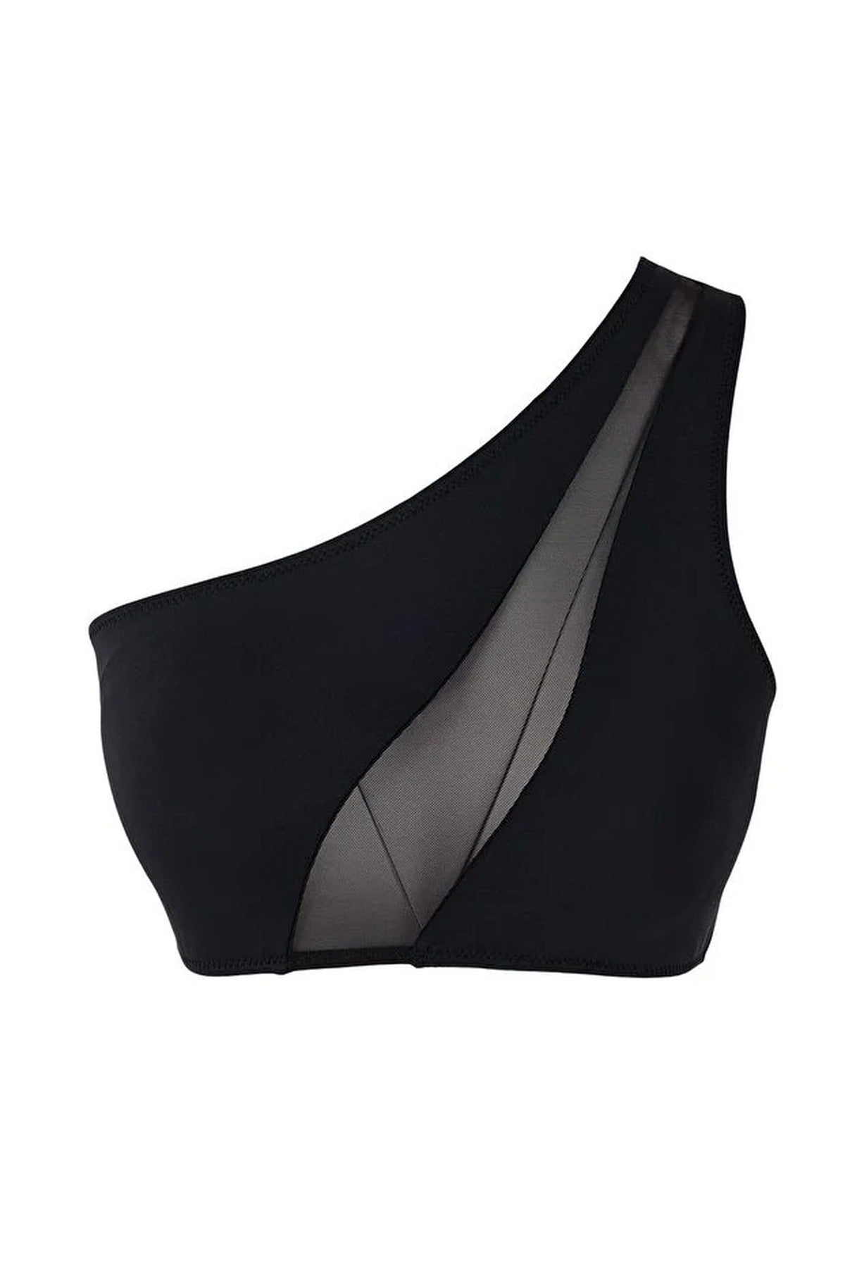 Black WOVCOR Black Mesh Detail One Shoulder Bikini Top, Image 3 of 5