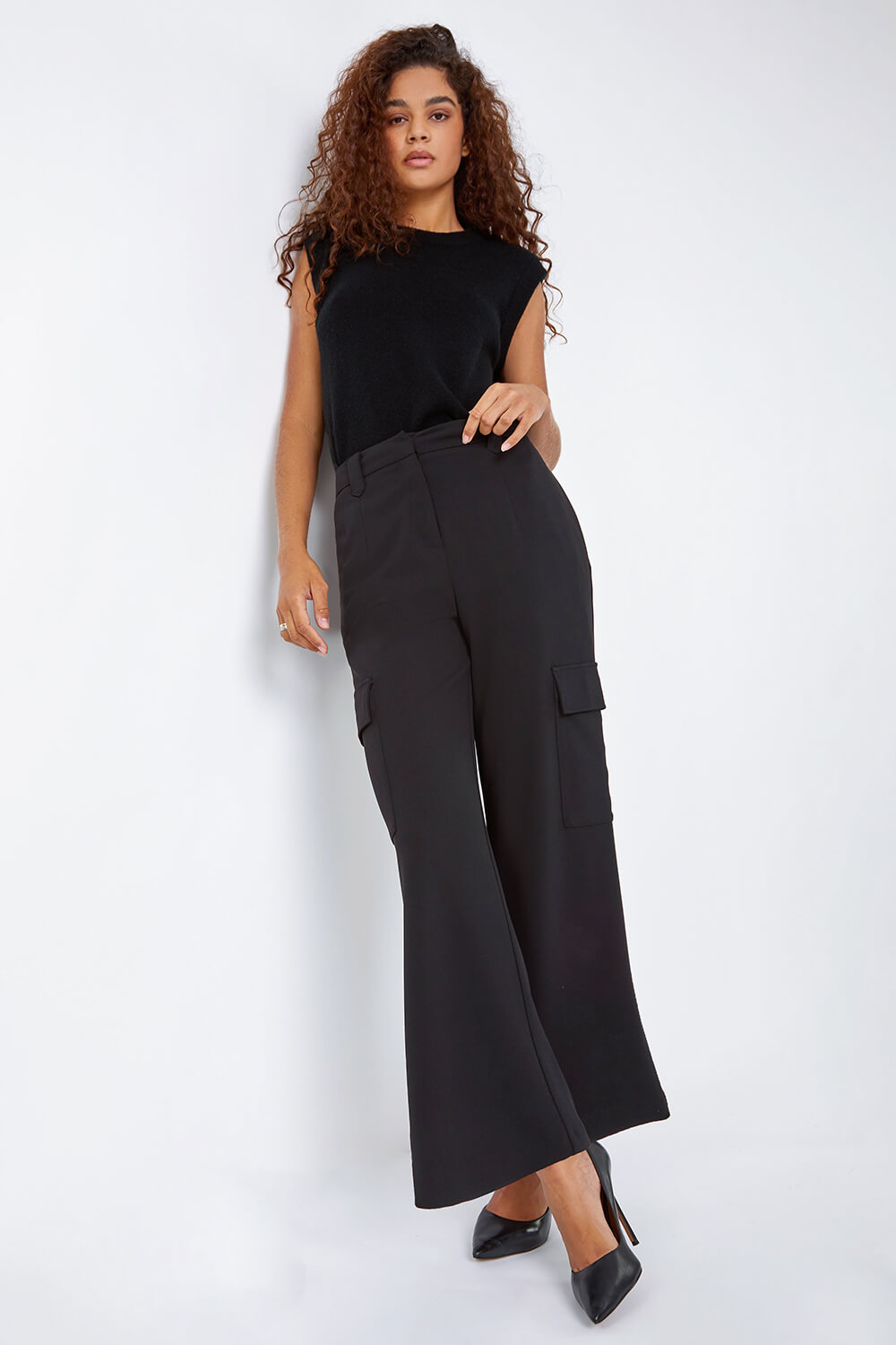 Black Smart Wide Leg Cargo Stretch Trouser, Image 1 of 5