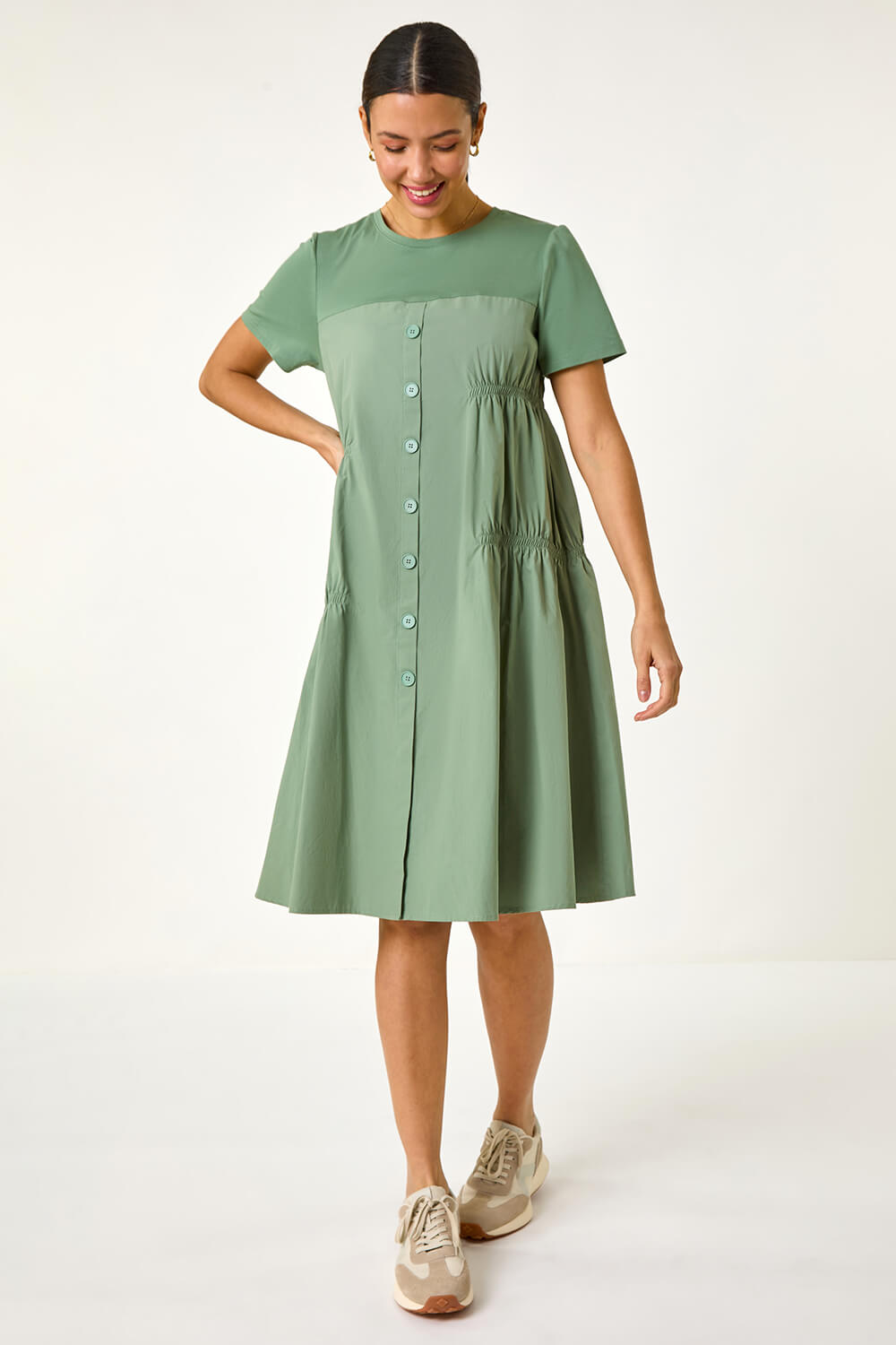Sage Gathered Cotton Stretch Smock Dress, Image 3 of 5