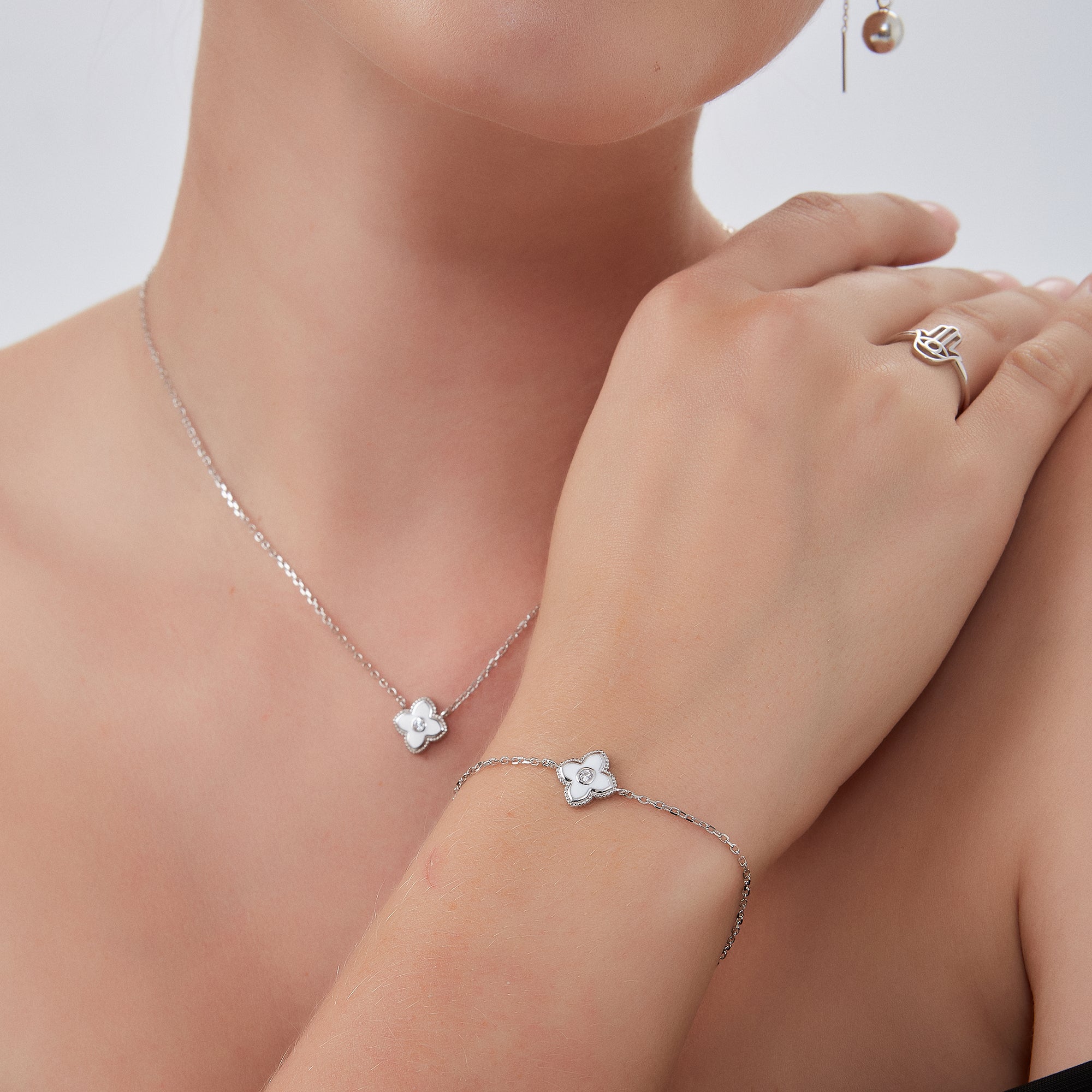 Silver White Enamel Four Leaf Clover Necklace With Gemstone in Sterling Silver, Image 2 of 3