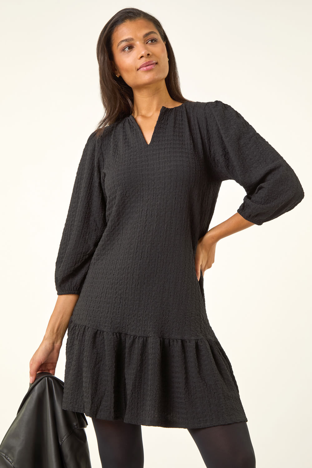 Black Textured V-Neck Frill Hem Smock Dress, Image 1 of 5