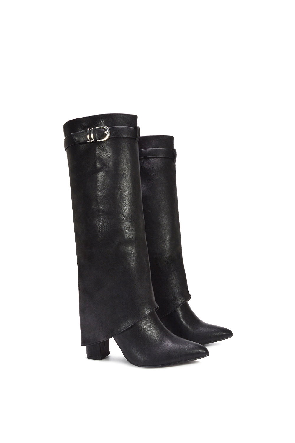 Black XY LONDON Black 'Aaliyah' Fold Over Boots Block Heel Buckle Point Toe, Image 5 of 7