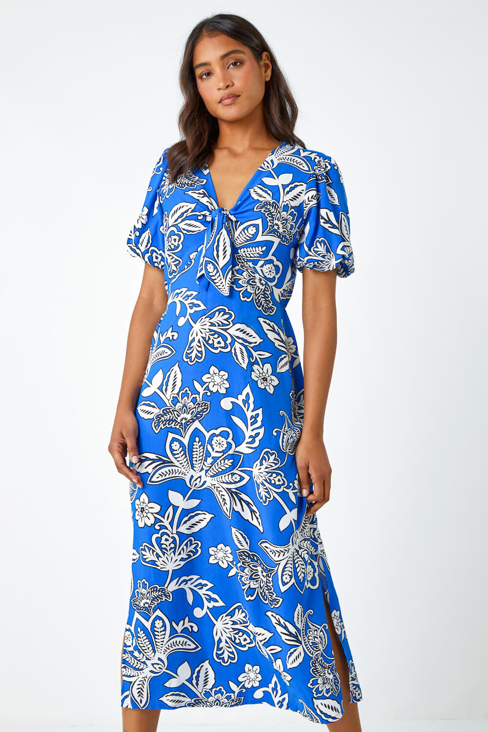 Royal Blue Bold Floral Stretch Midi Dress, Image 5 of 5