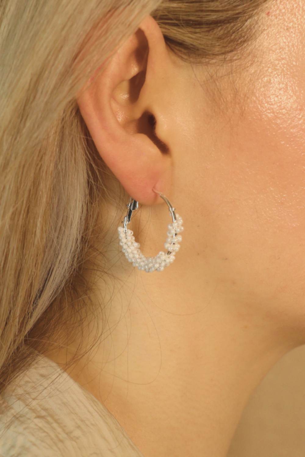 White Large Bead Braided Boho Huggie Hoop Earrings, Image 1 of 2