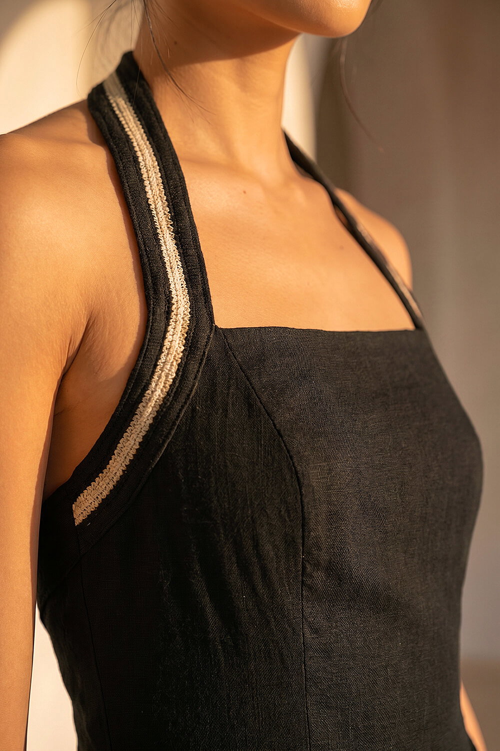 Black Petite Halter Neck Linen Blend Dress, Image 5 of 4