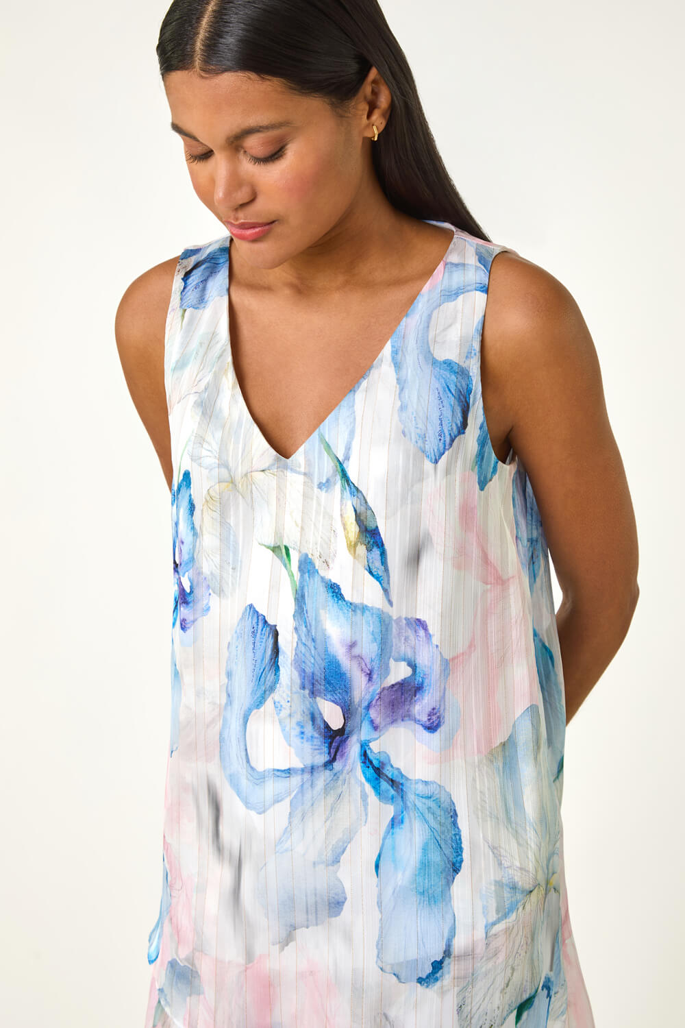 Blue Floral Print Layered Tunic Top, Image 5 of 5