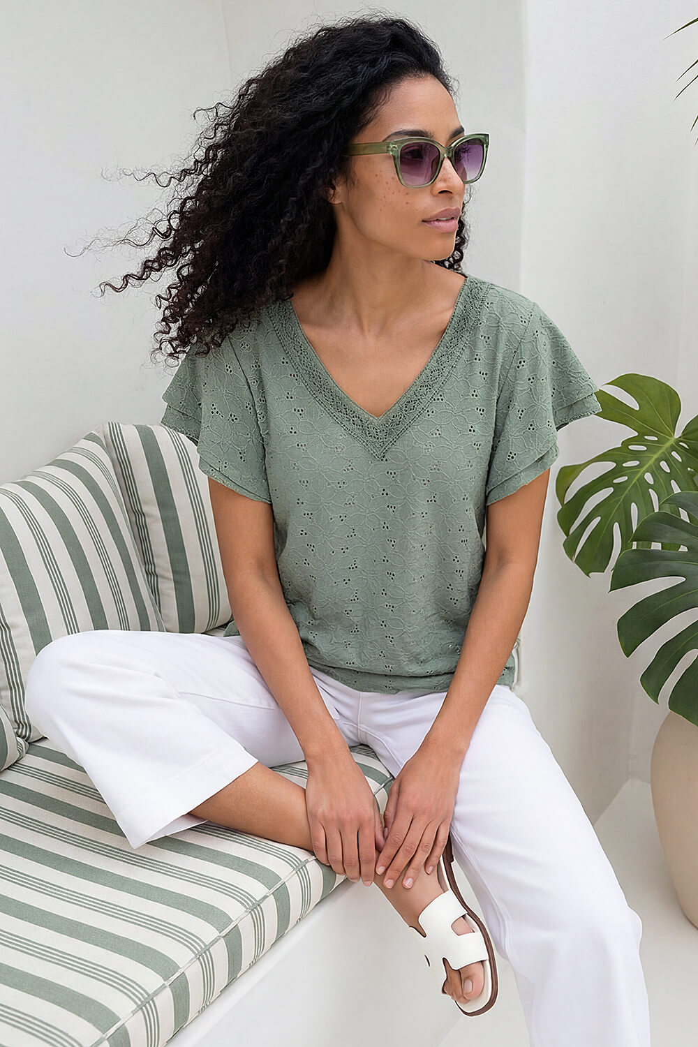 Khaki Broderie Detail V-Neck Stretch Top, Image 1 of 4