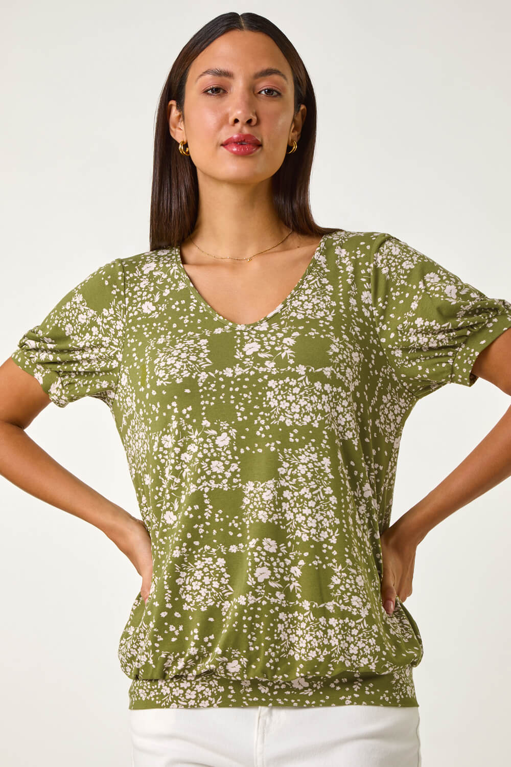 KHAKI Floral Print Bubble Hem Top, Image 5 of 5