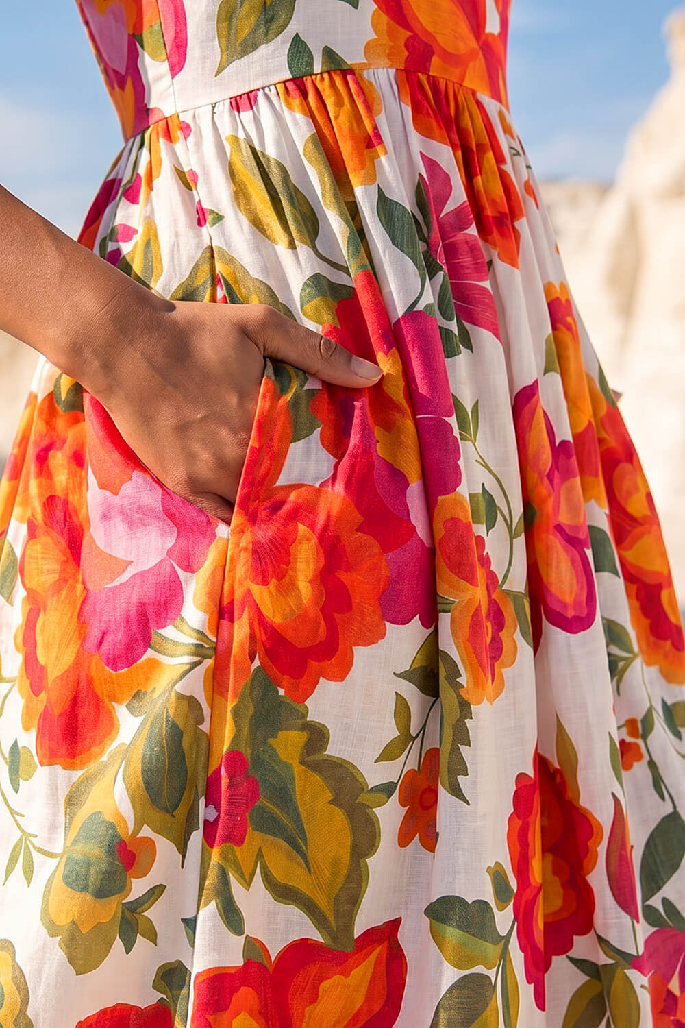 ORANGE Dusk Cotton Floral Border Midi Dress, Image 5 of 4