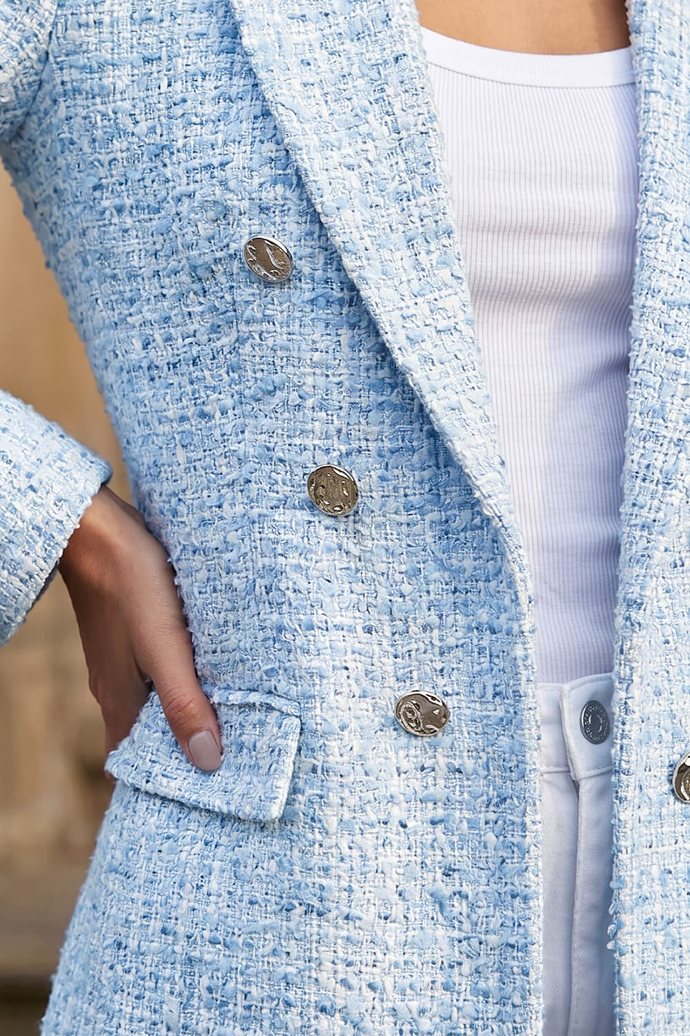 Light Blue  Textured Check Boucle Blazer Jacket, Image 5 of 4