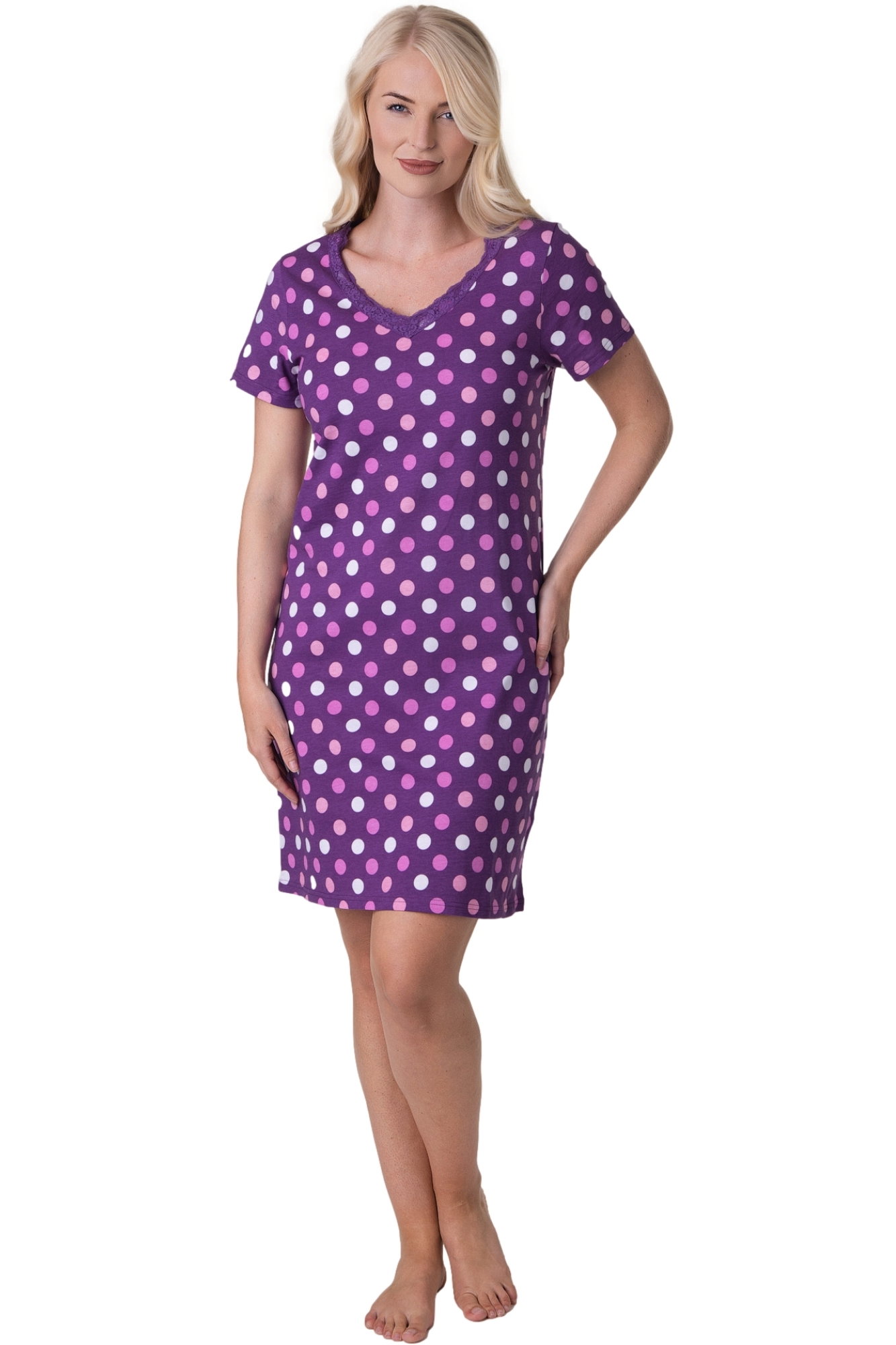 Purple Polka Dot Lace Print Cotton Nightshirt, Image 1 of 5