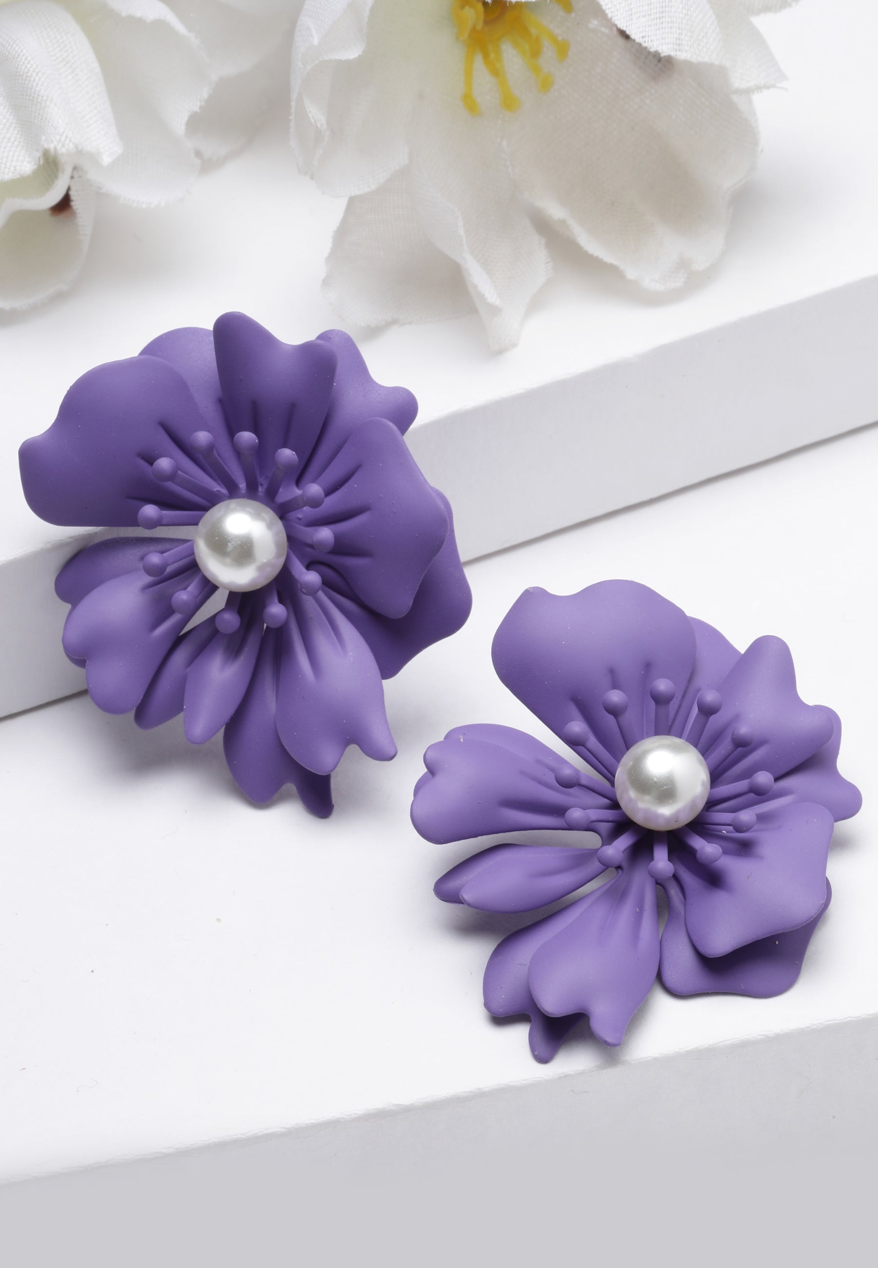 Purple AVANT-GARDE PARIS Purple Floral Pearl Stud Earrings In Light Pink, Image 2 of 5