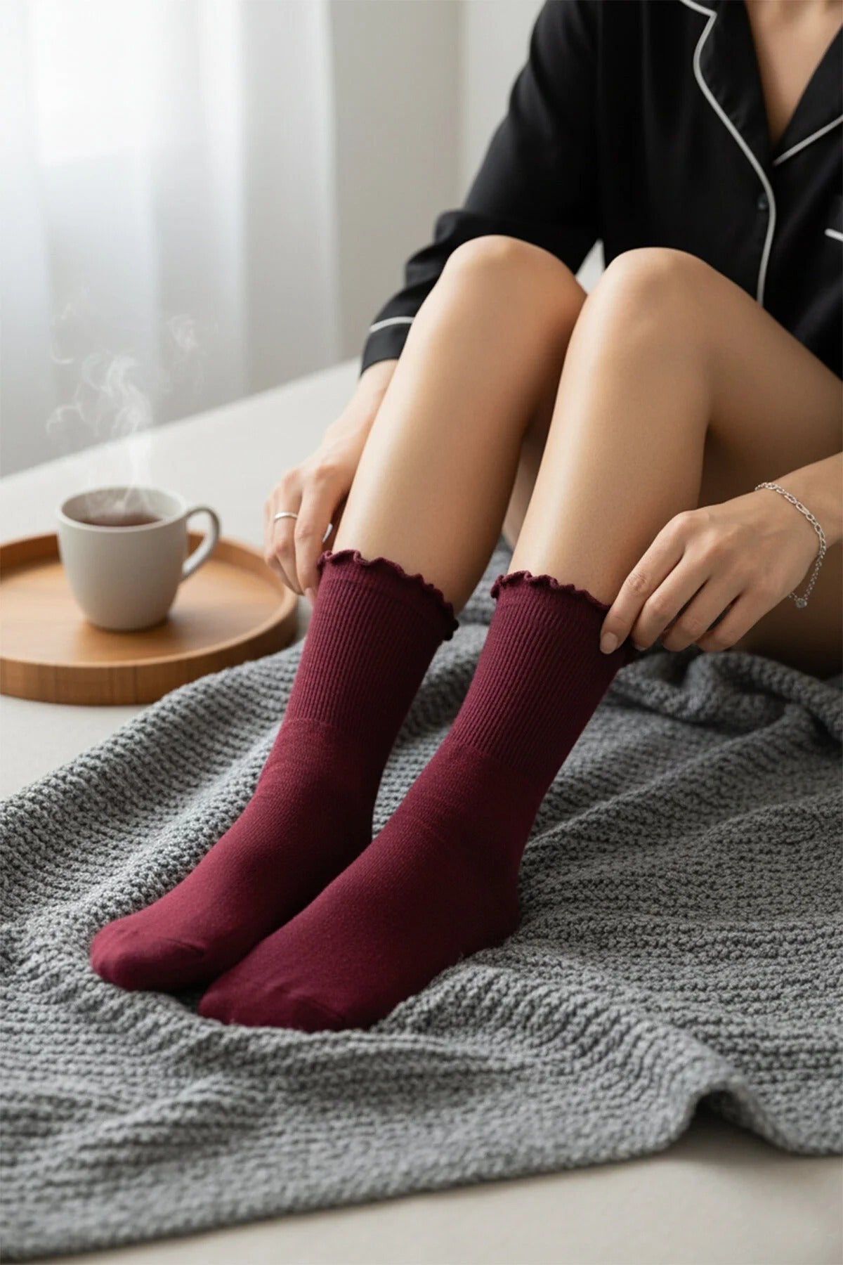 Multi Three Pack Cotton Ribbed Knit Socks with Lettuce Edge Detail, Image 3 of 3
